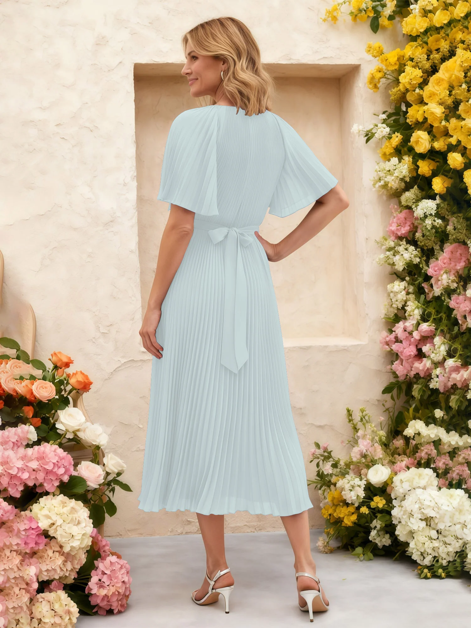 Chiffon Pleated Midi Dress with Floral Waist Detail Mist - Image 2