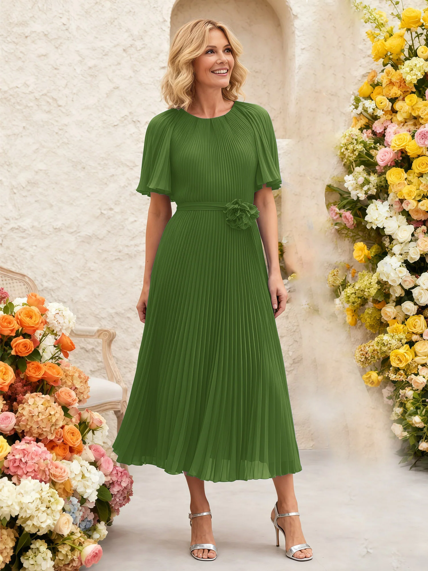 Chiffon Pleated Midi Dress with Floral Waist Detail Moss