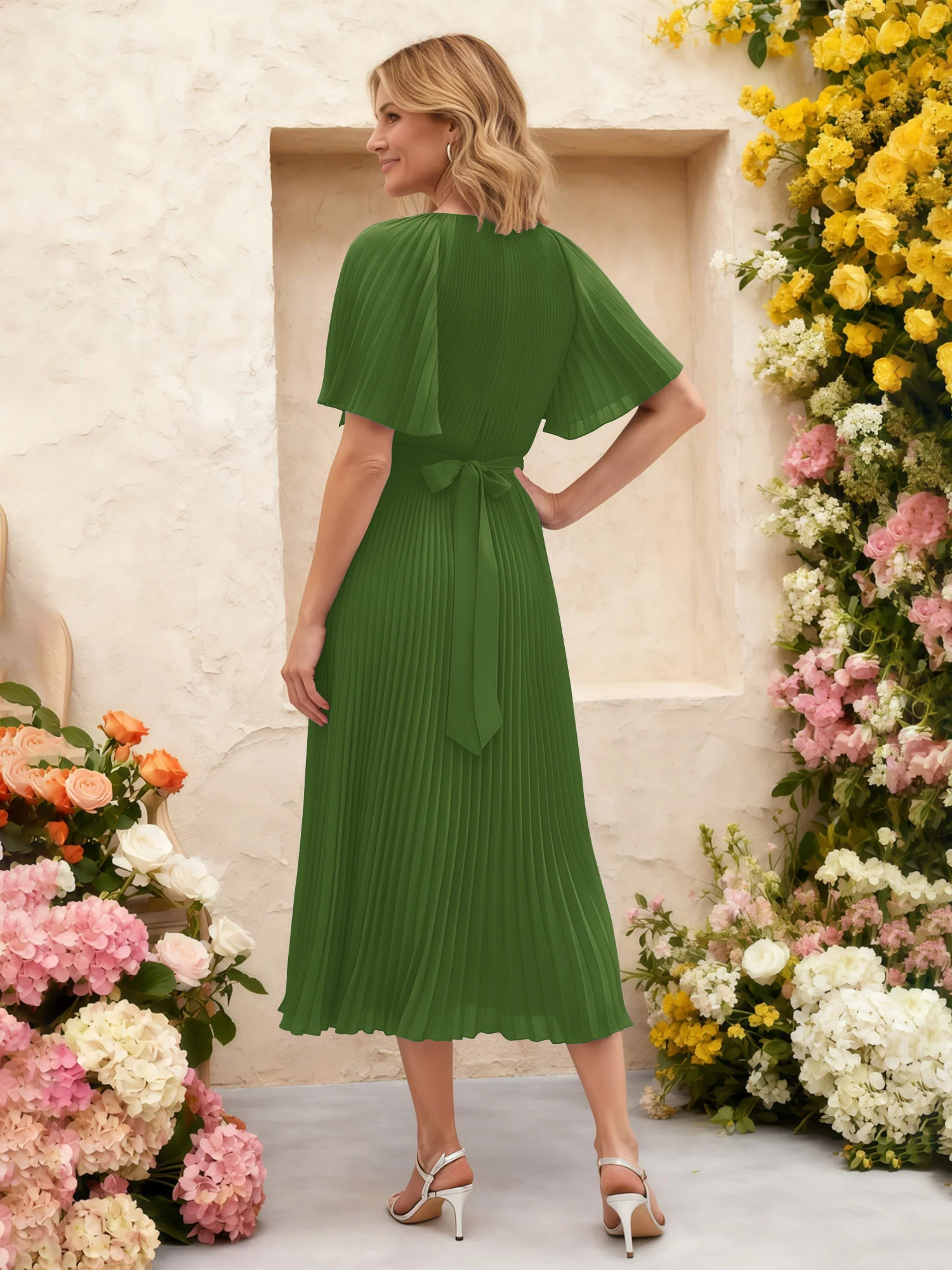 Chiffon Pleated Midi Dress with Floral Waist Detail Moss - Image 2