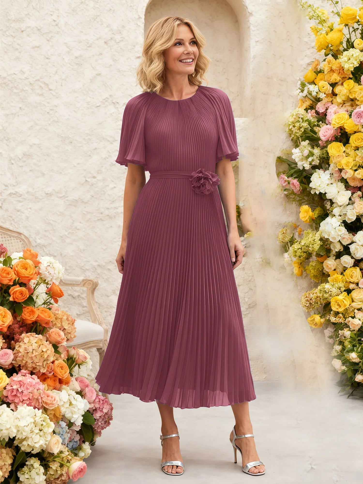 Chiffon Pleated Midi Dress with Floral Waist Detail Mulberry