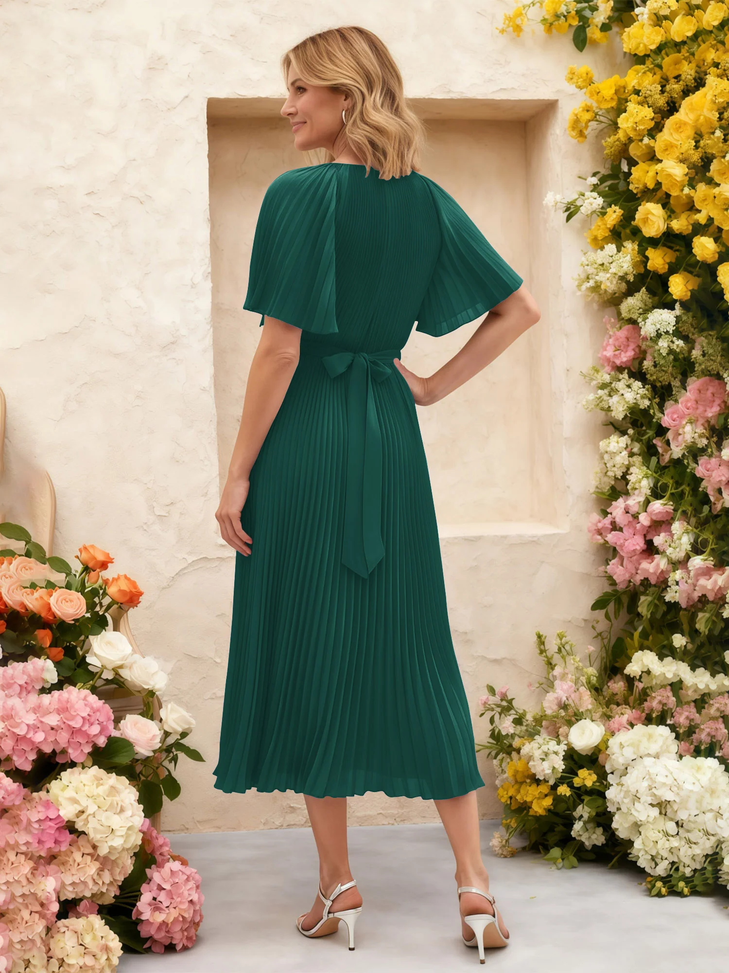 Chiffon Pleated Midi Dress with Floral Waist Detail Peacock - Image 2
