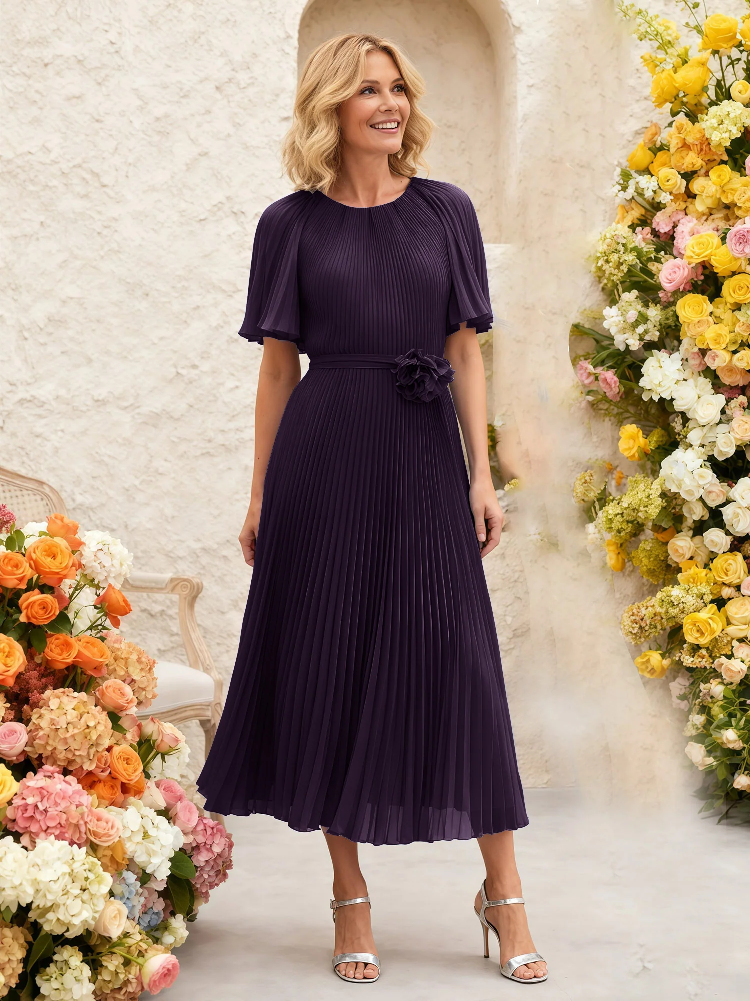 Chiffon Pleated Midi Dress with Floral Waist Detail Plum