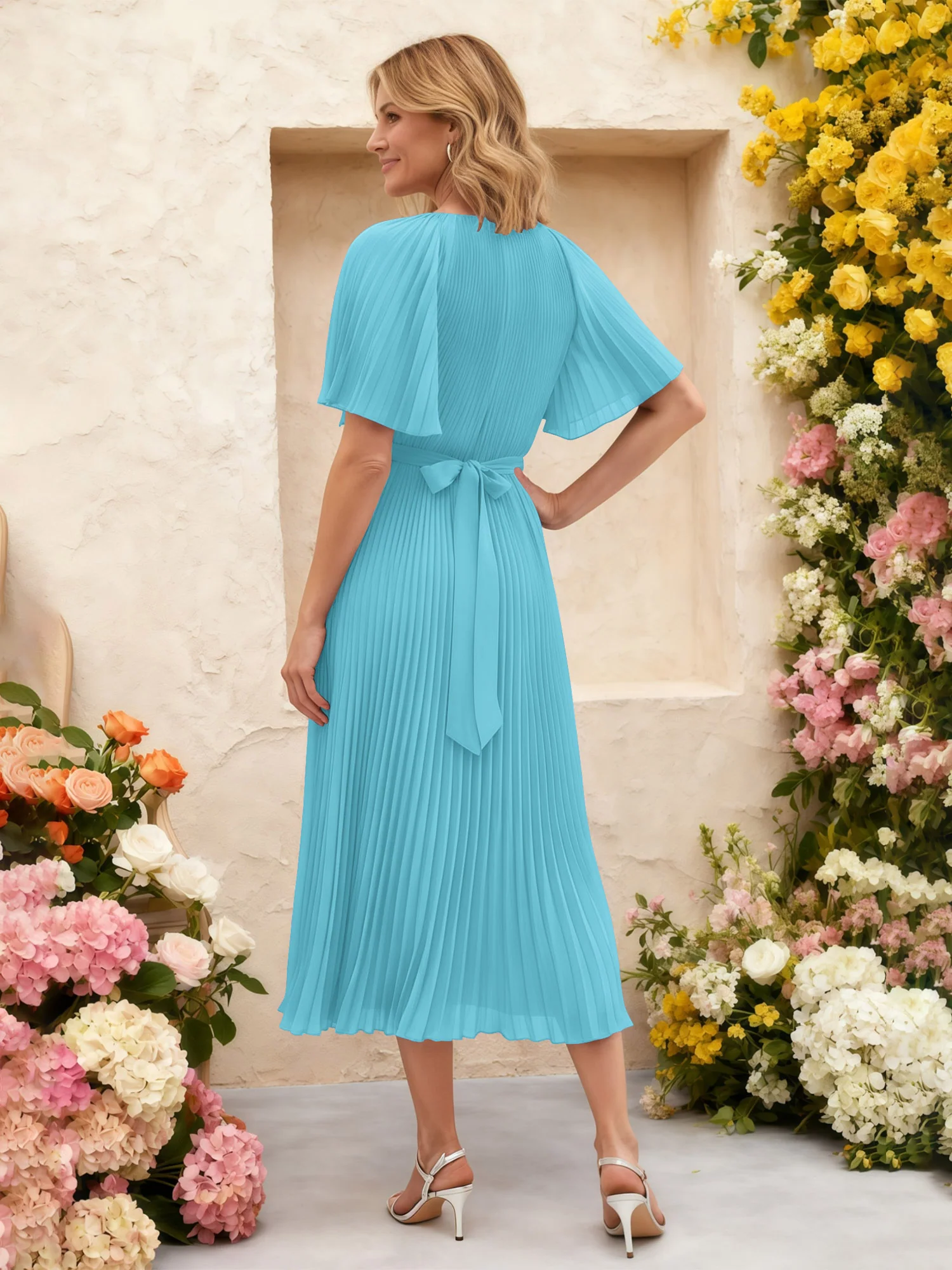 Chiffon Pleated Midi Dress with Floral Waist Detail Pool - Image 2