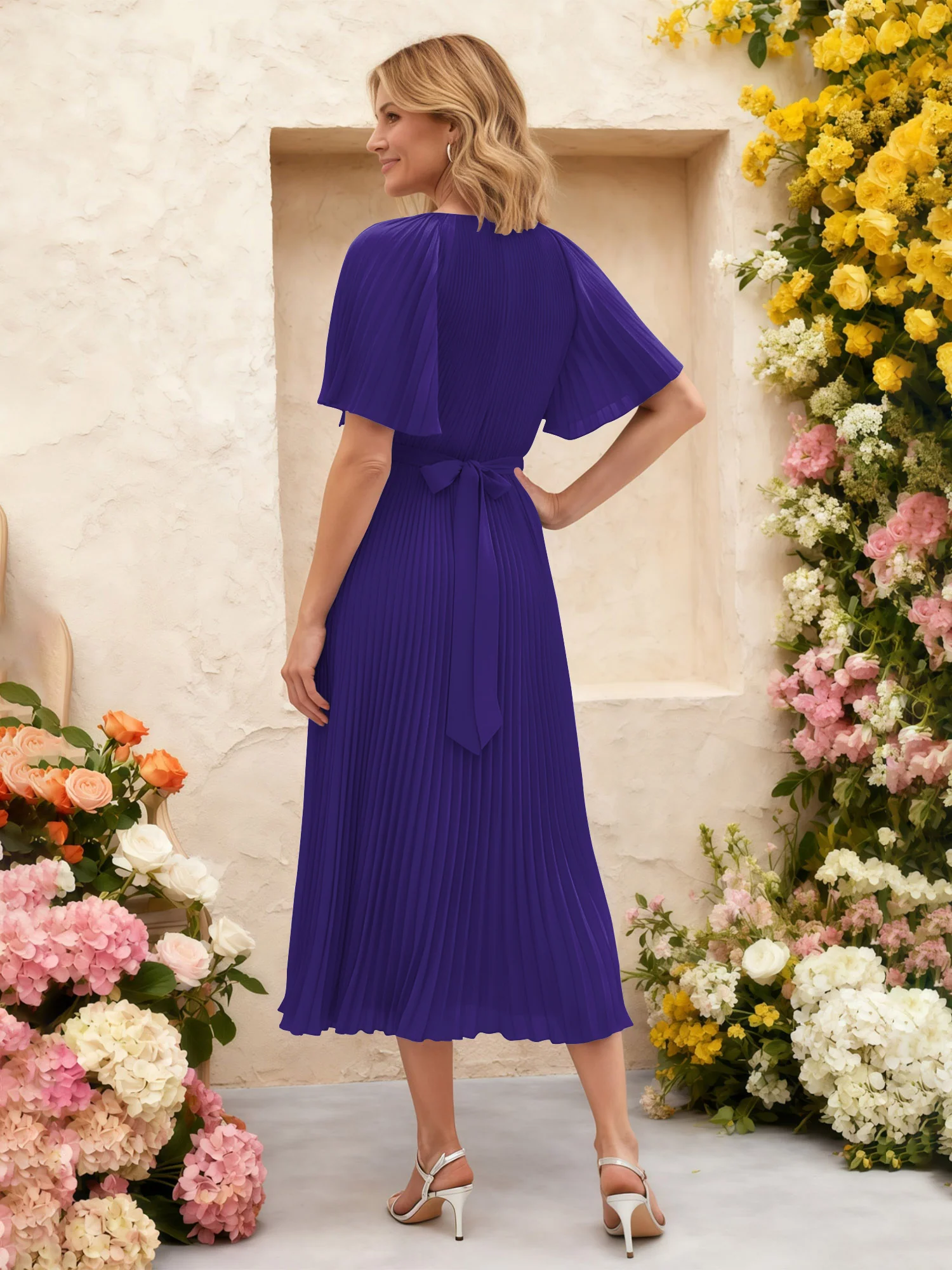 Chiffon Pleated Midi Dress with Floral Waist Detail Regency - Image 2