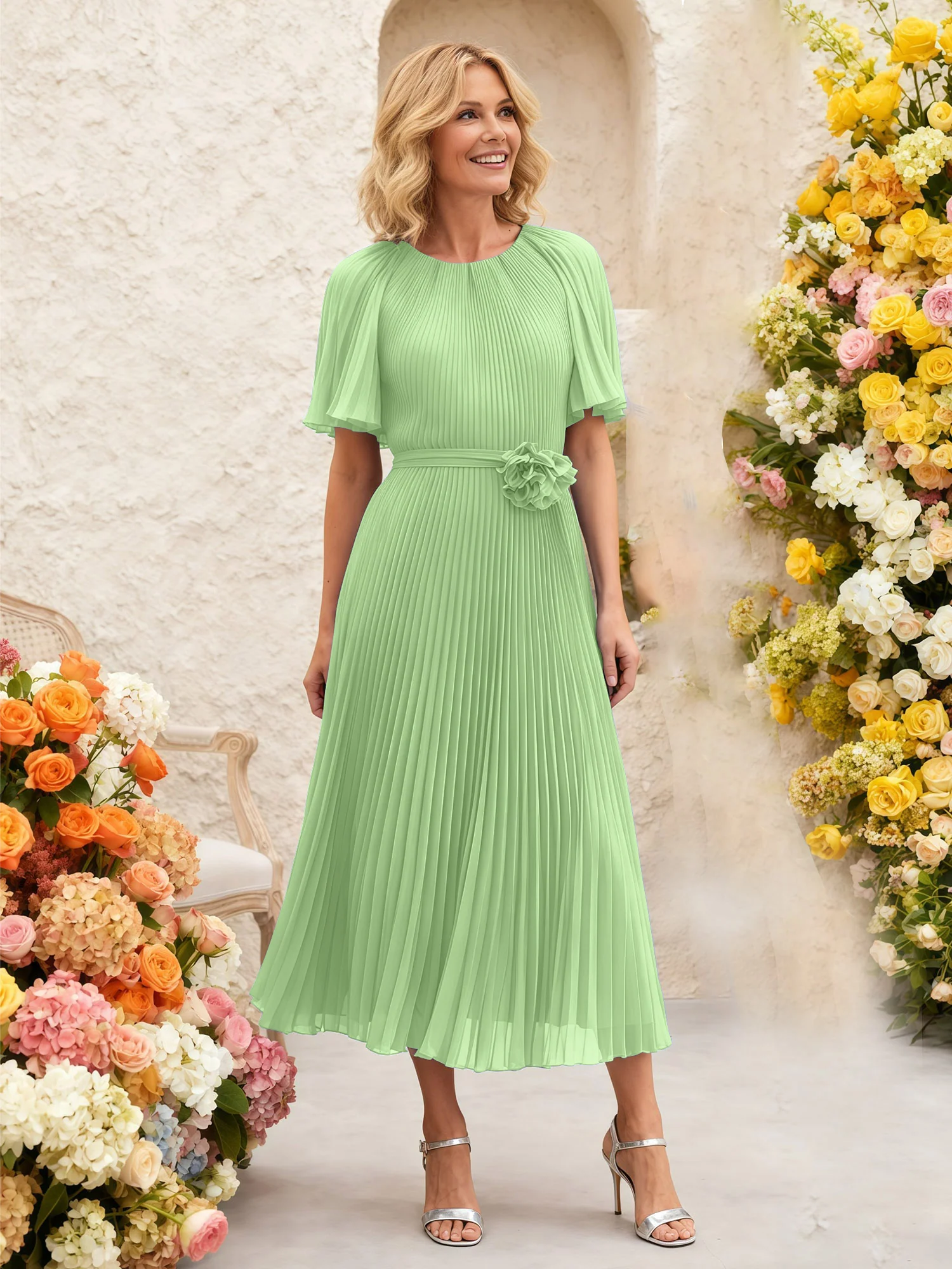 Chiffon Pleated Midi Dress with Floral Waist Detail Sage