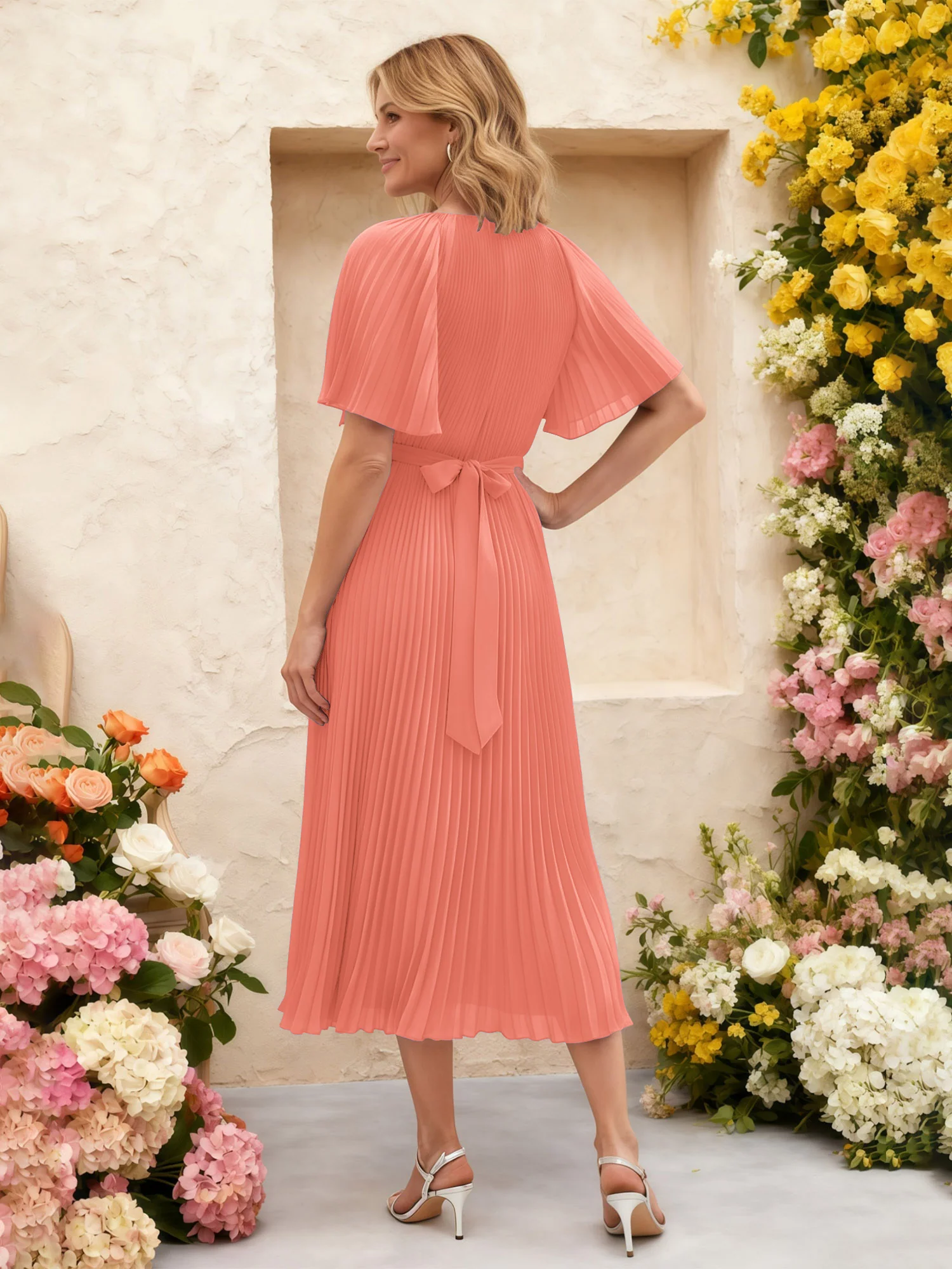 Chiffon Pleated Midi Dress with Floral Waist Detail Sunset - Image 2