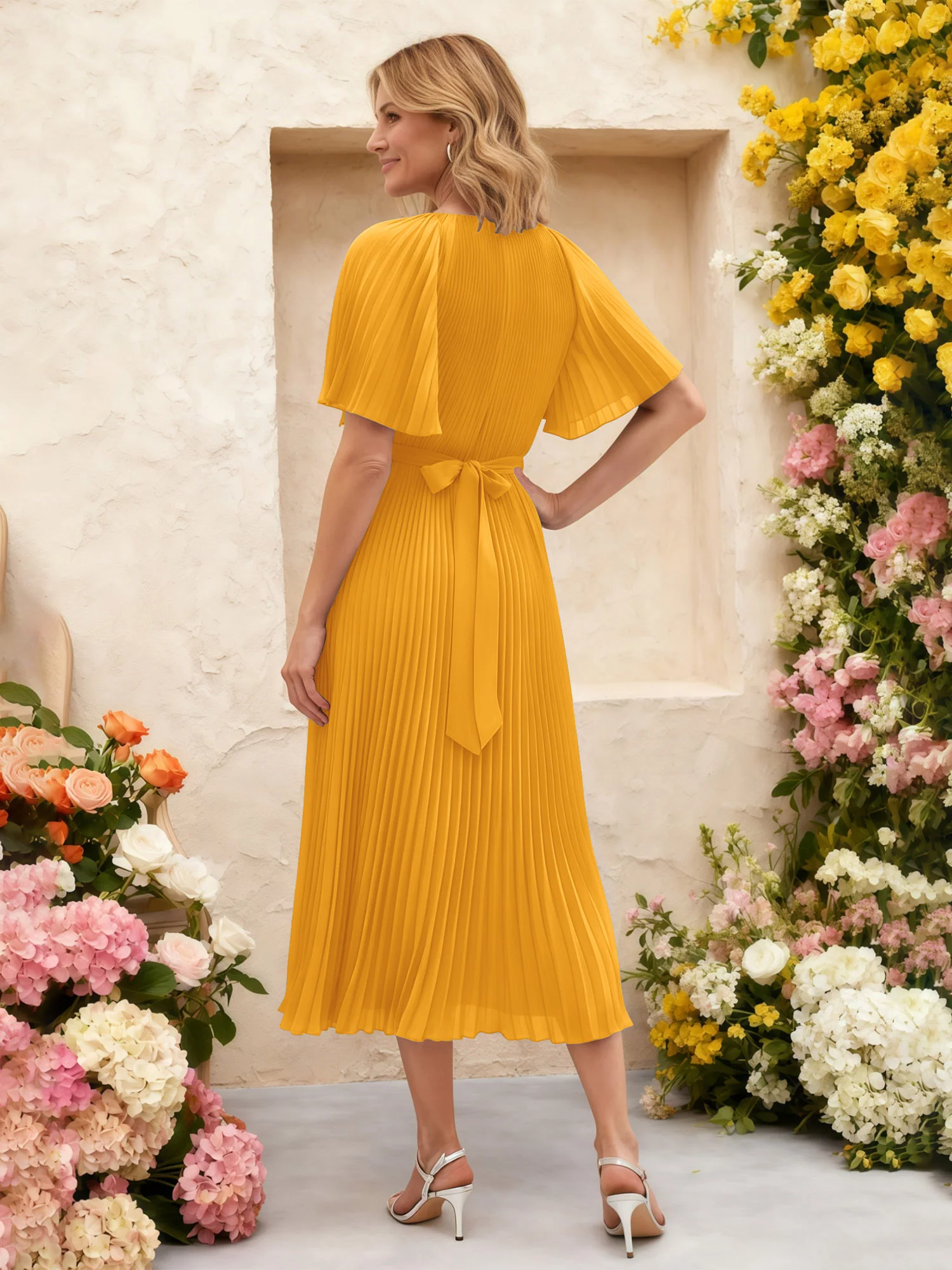 Chiffon Pleated Midi Dress with Floral Waist Detail Tangerine - Image 2