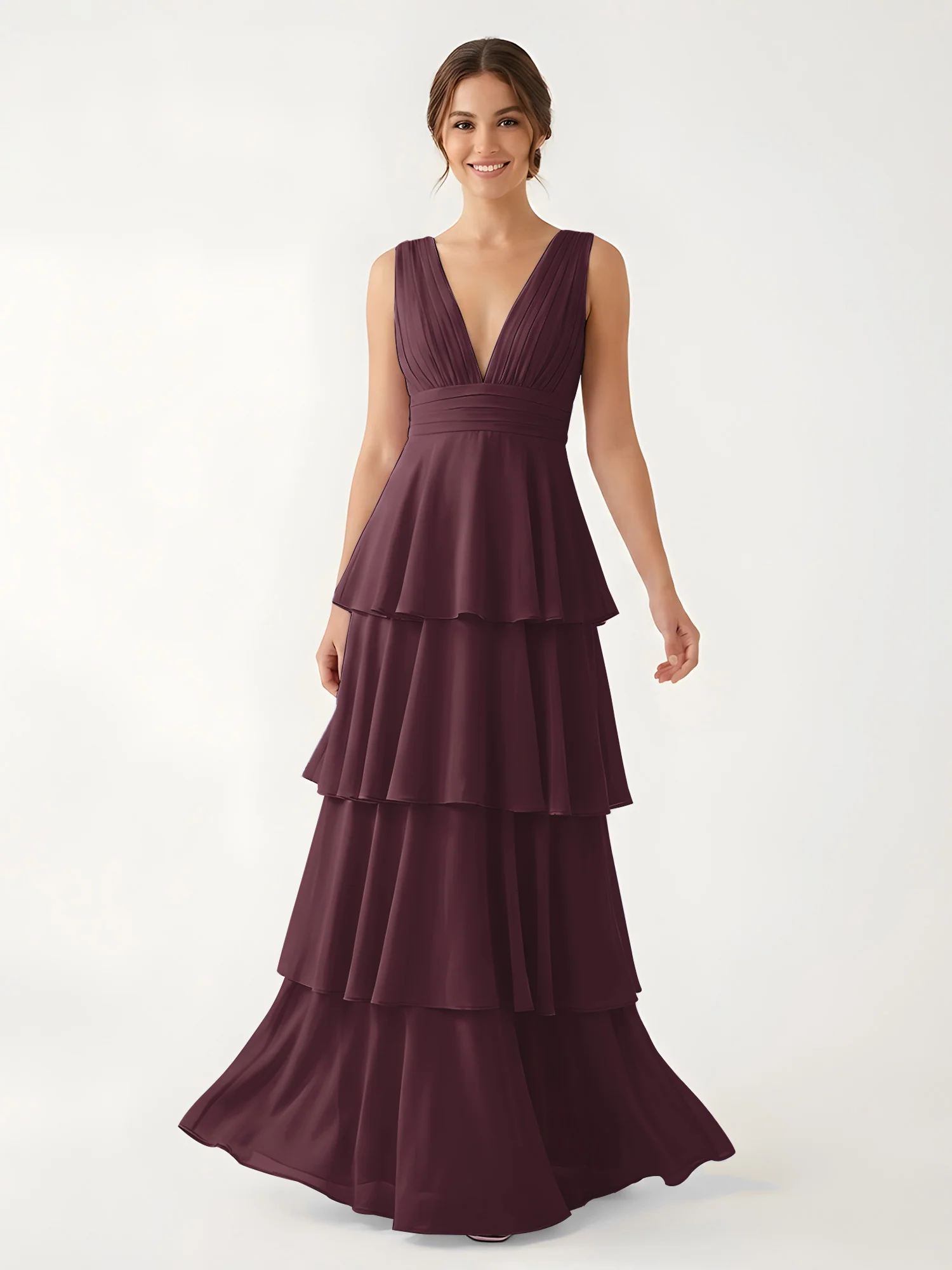 Tiered Chiffon Maxi Dress with Plunging V-Neckline Cabernet