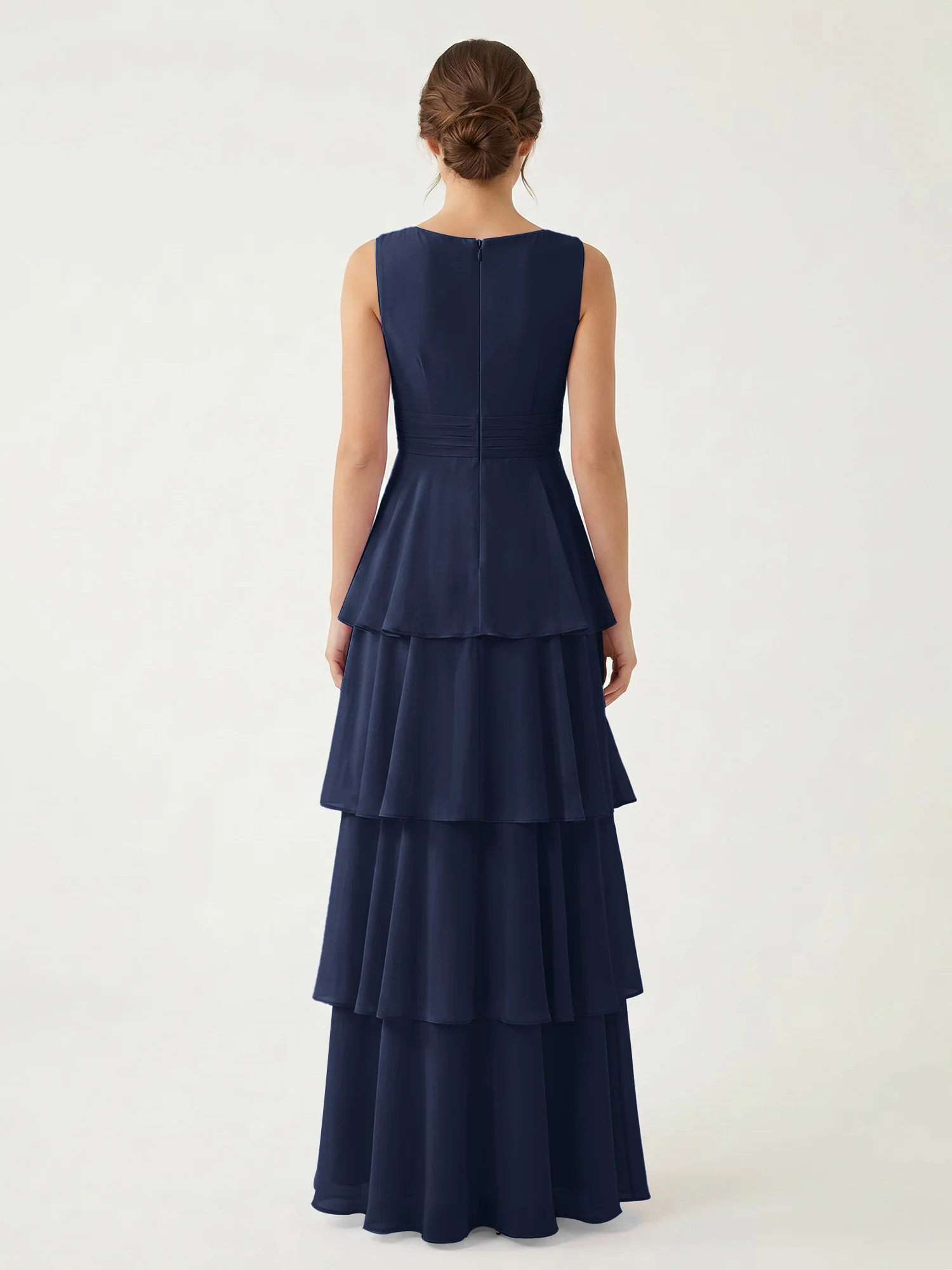 Tiered Chiffon Maxi Dress with Plunging V-Neckline Dark Navy - Image 2