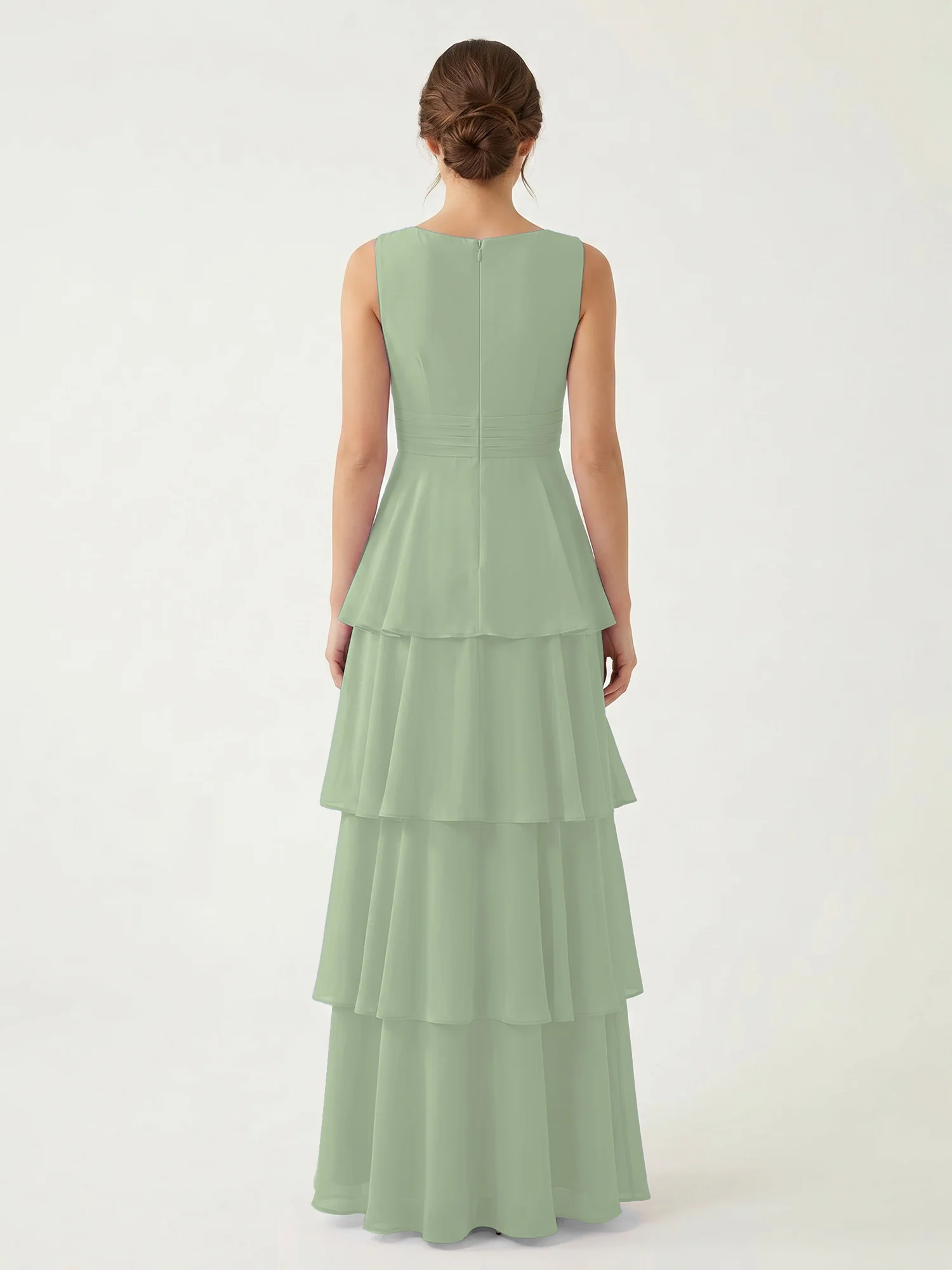 Tiered Chiffon Maxi Dress with Plunging V-Neckline Dusty Sage - Image 2