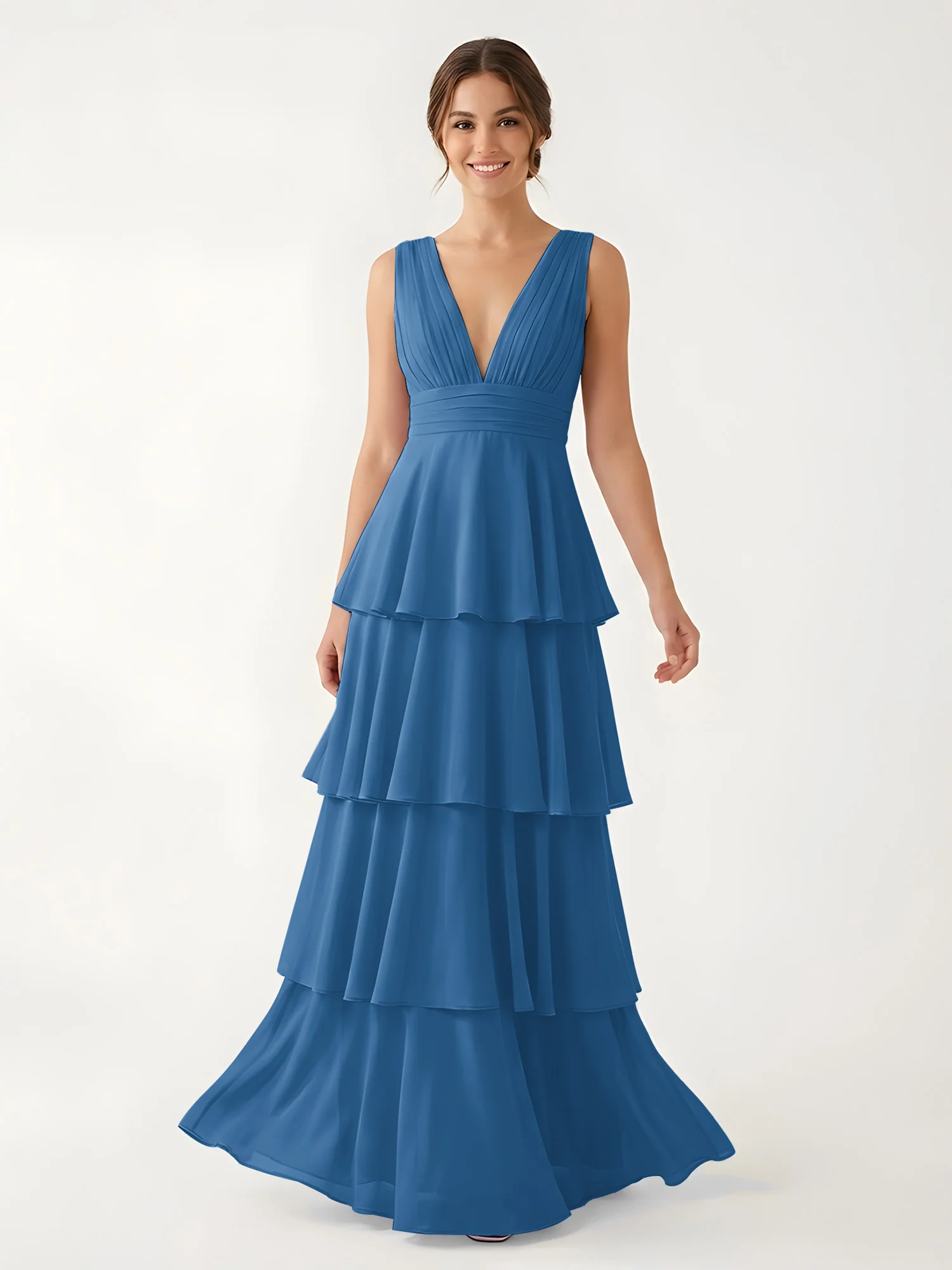 Tiered Chiffon Maxi Dress with Plunging V-Neckline Ink Blue