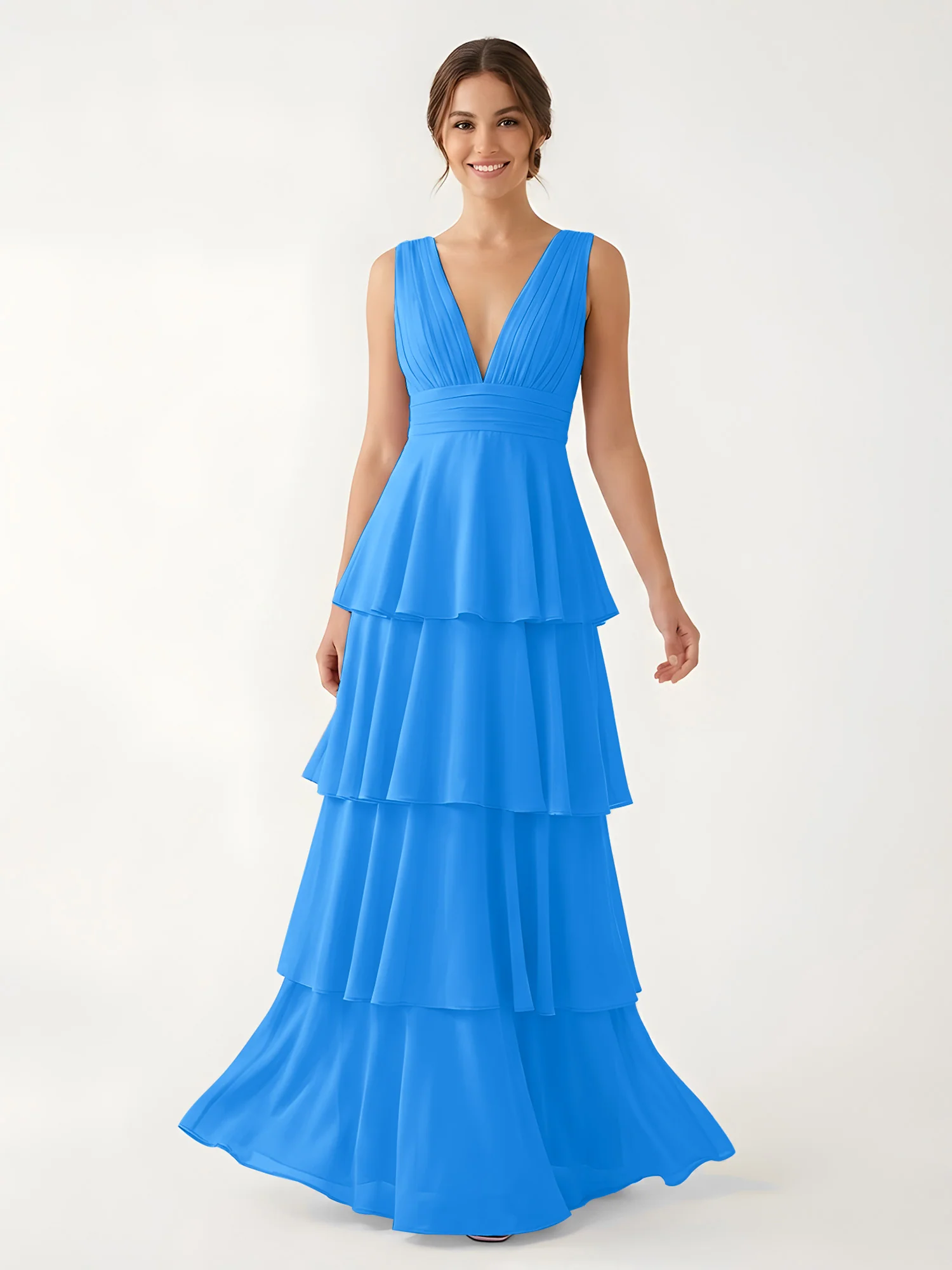 Tiered Chiffon Maxi Dress with Plunging V-Neckline Ocean Blue