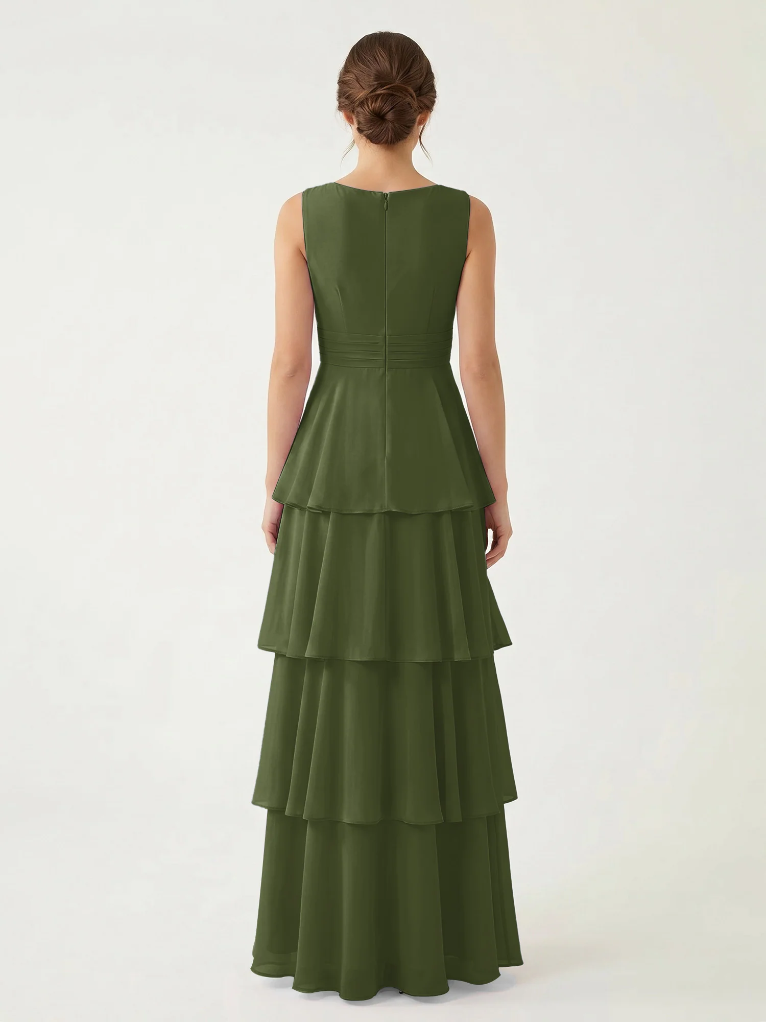 Tiered Chiffon Maxi Dress with Plunging V-Neckline Olive Green - Image 2