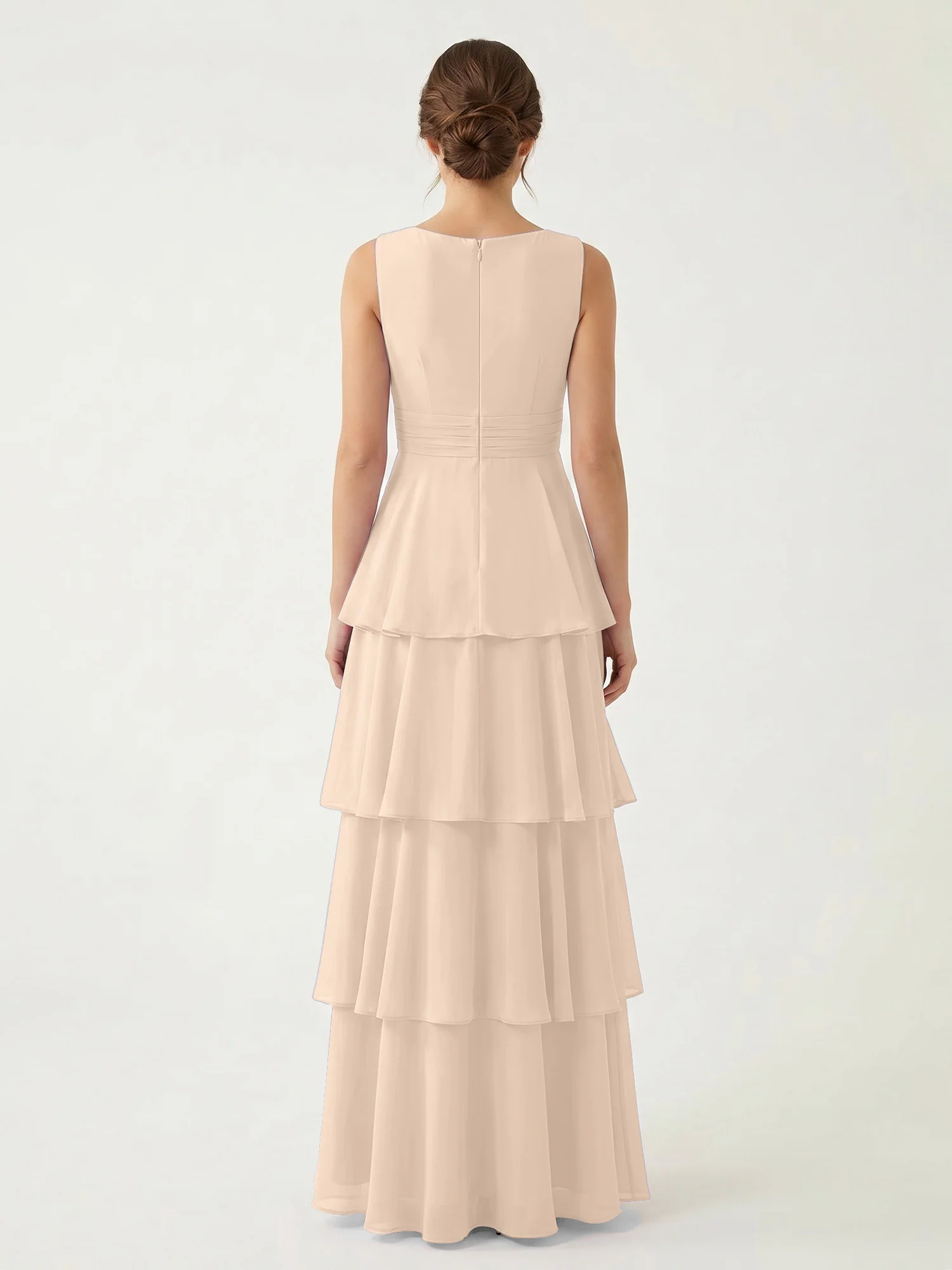 Tiered Chiffon Maxi Dress with Plunging V-Neckline Peach - Image 2