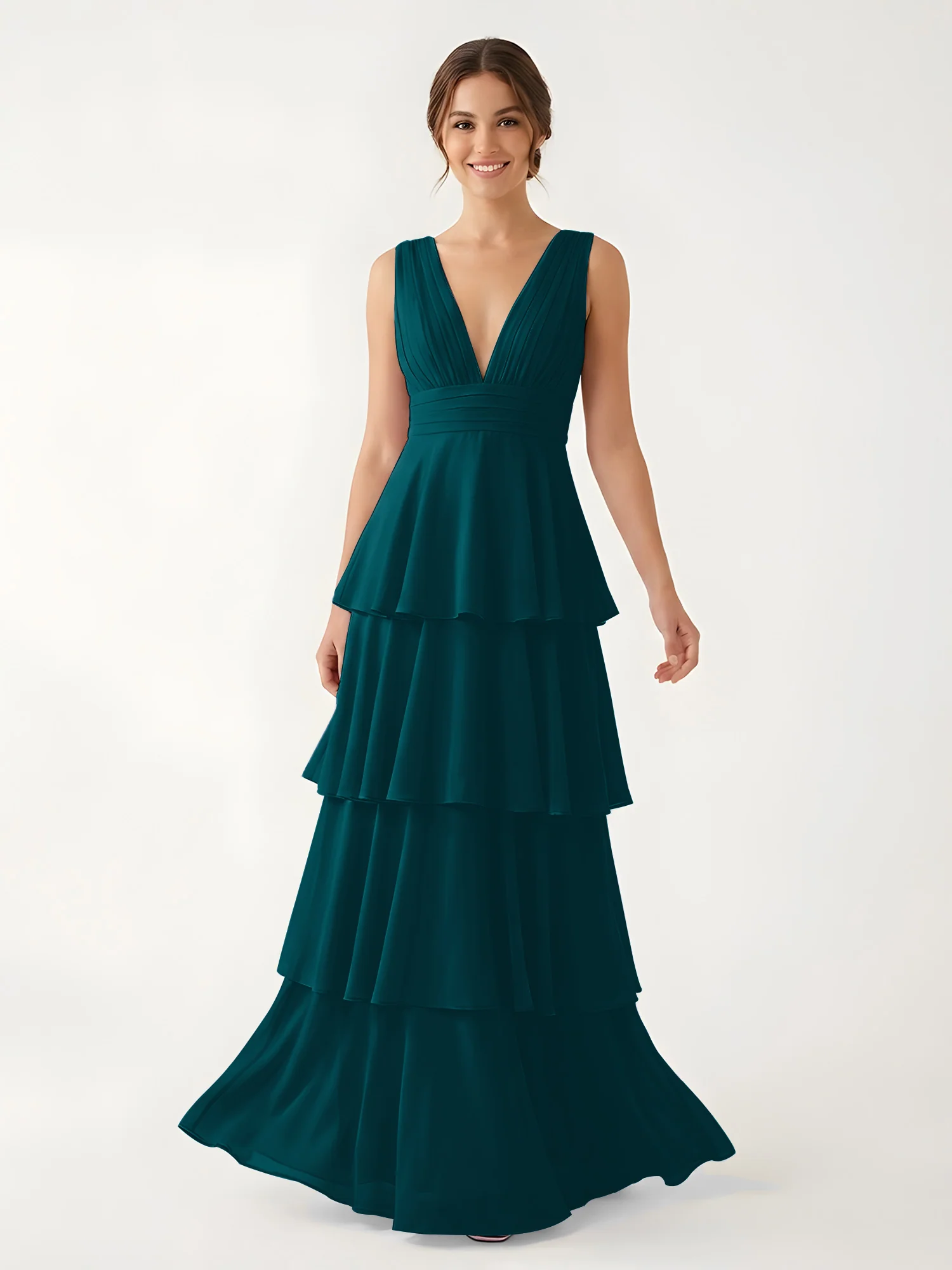 Tiered Chiffon Maxi Dress with Plunging V-Neckline Pine