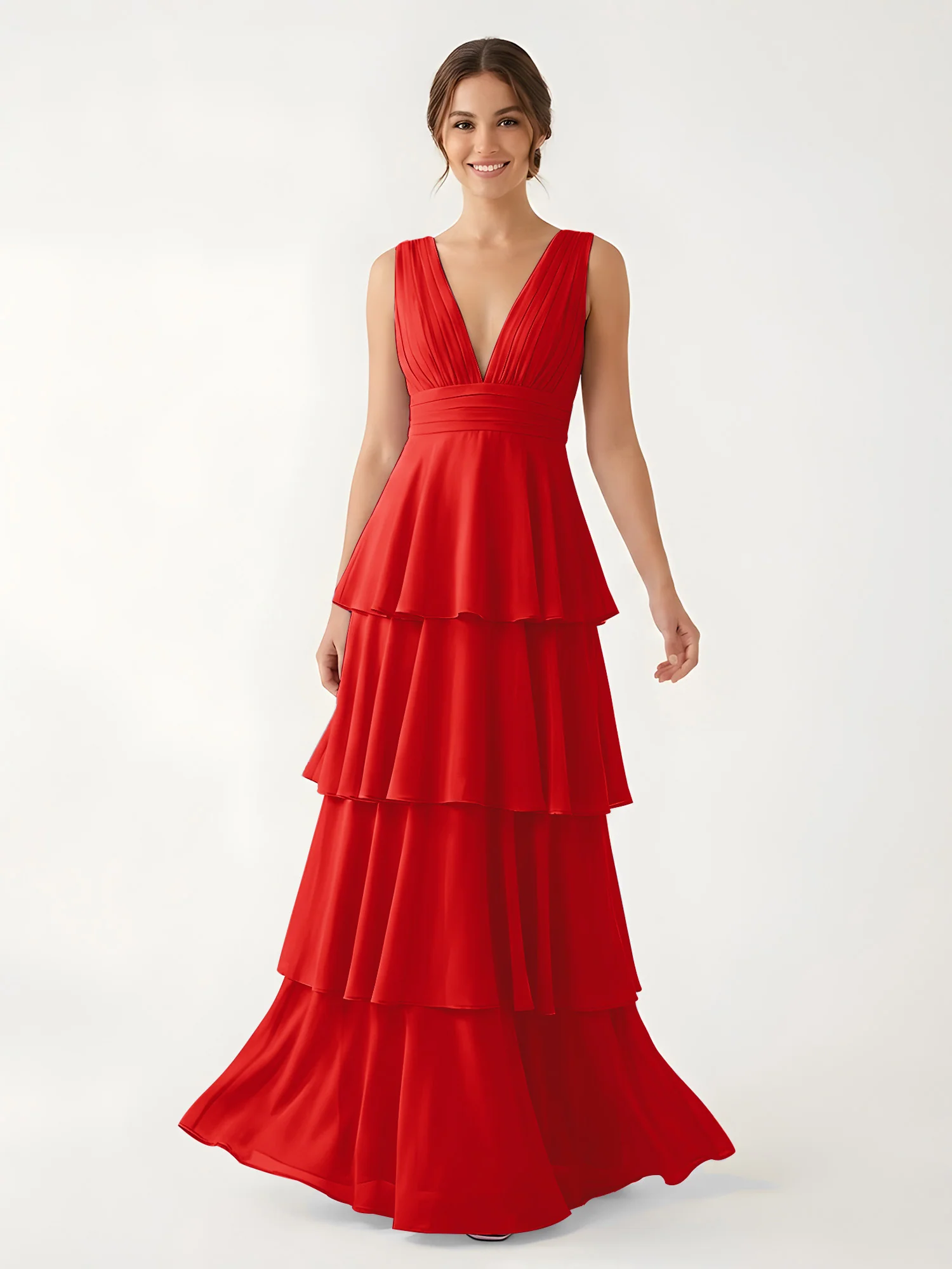 Tiered Chiffon Maxi Dress with Plunging V-Neckline Red