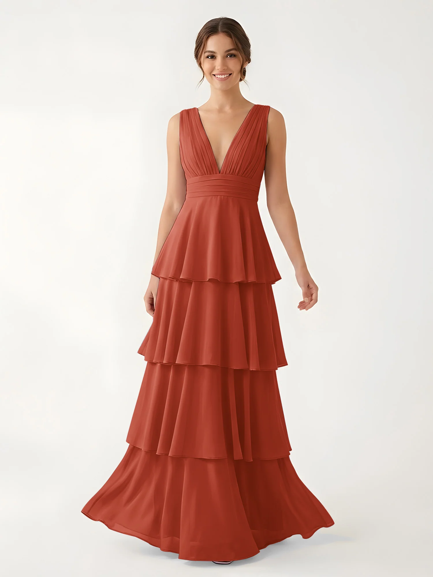 Tiered Chiffon Maxi Dress with Plunging V-Neckline Rust