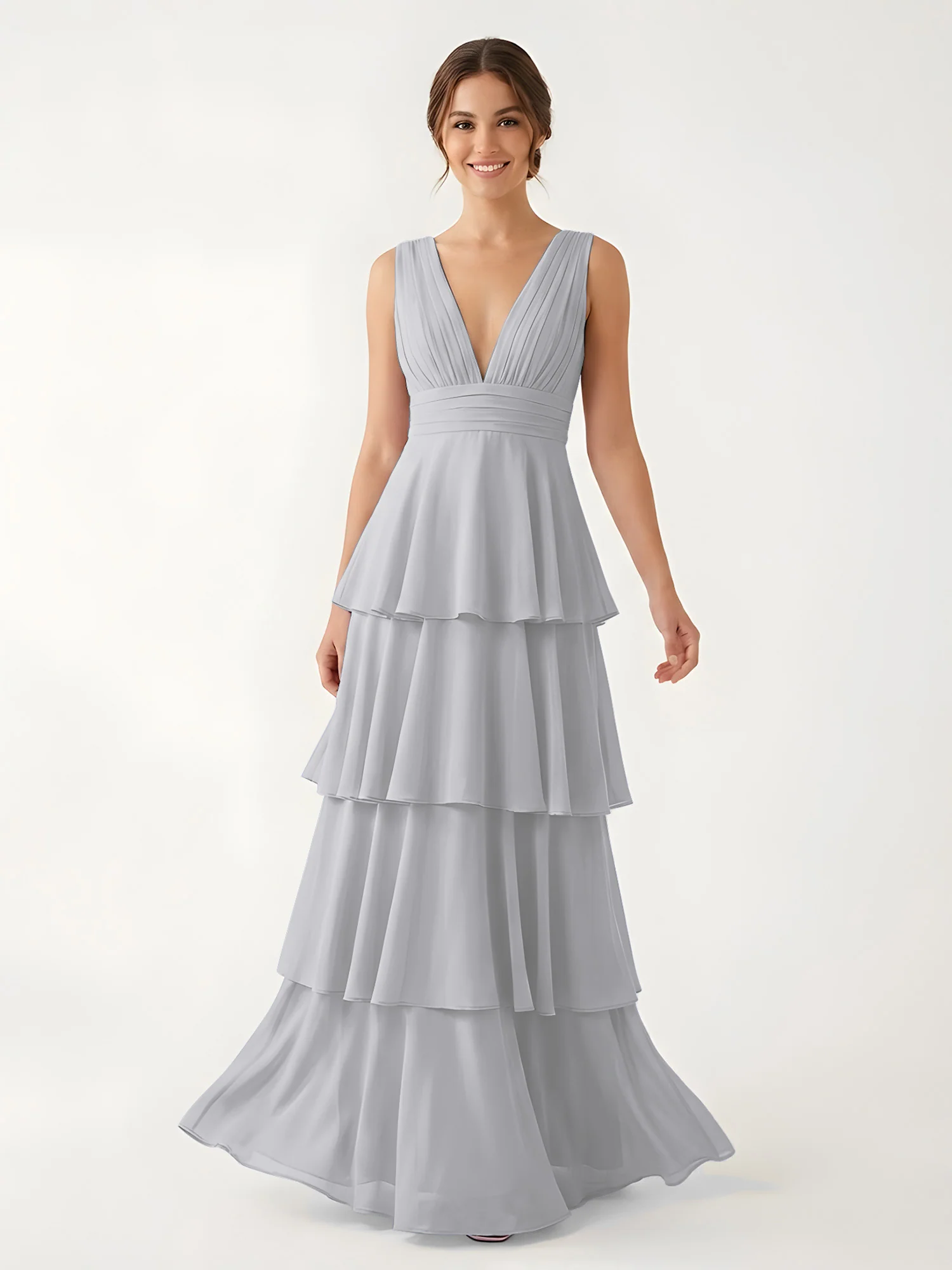 Tiered Chiffon Maxi Dress with Plunging V-Neckline Silver