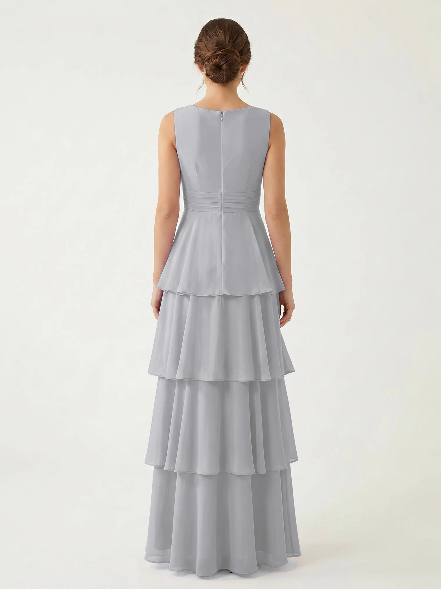 Tiered Chiffon Maxi Dress with Plunging V-Neckline Silver - Image 2