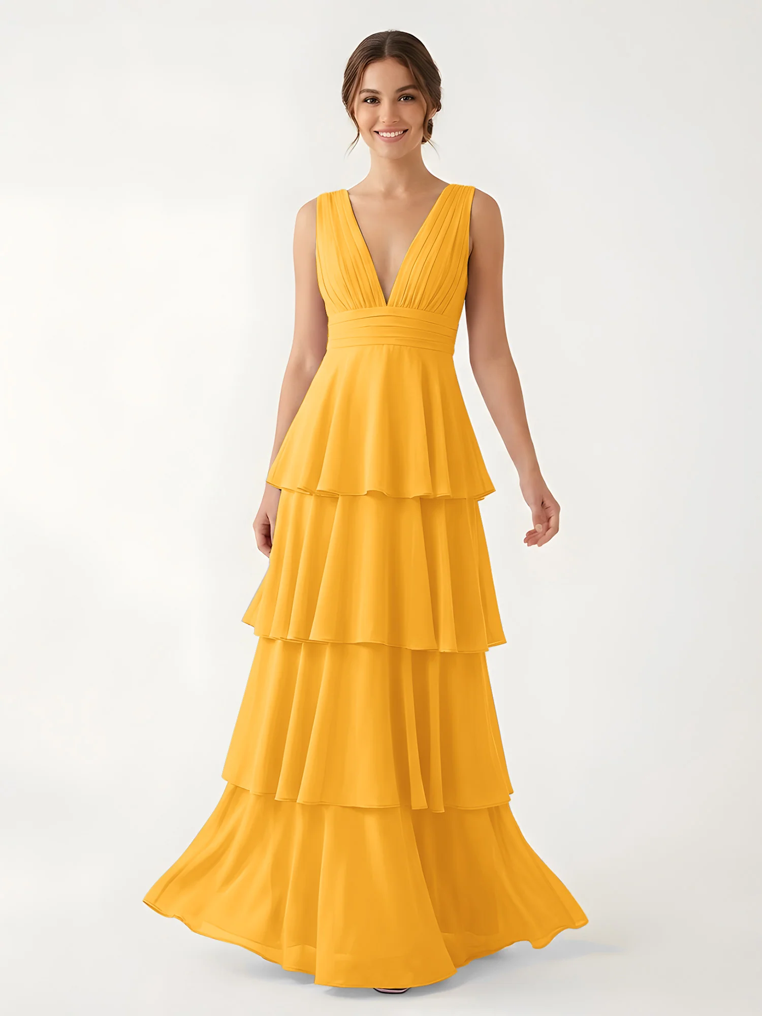 Tiered Chiffon Maxi Dress with Plunging V-Neckline Tangerine