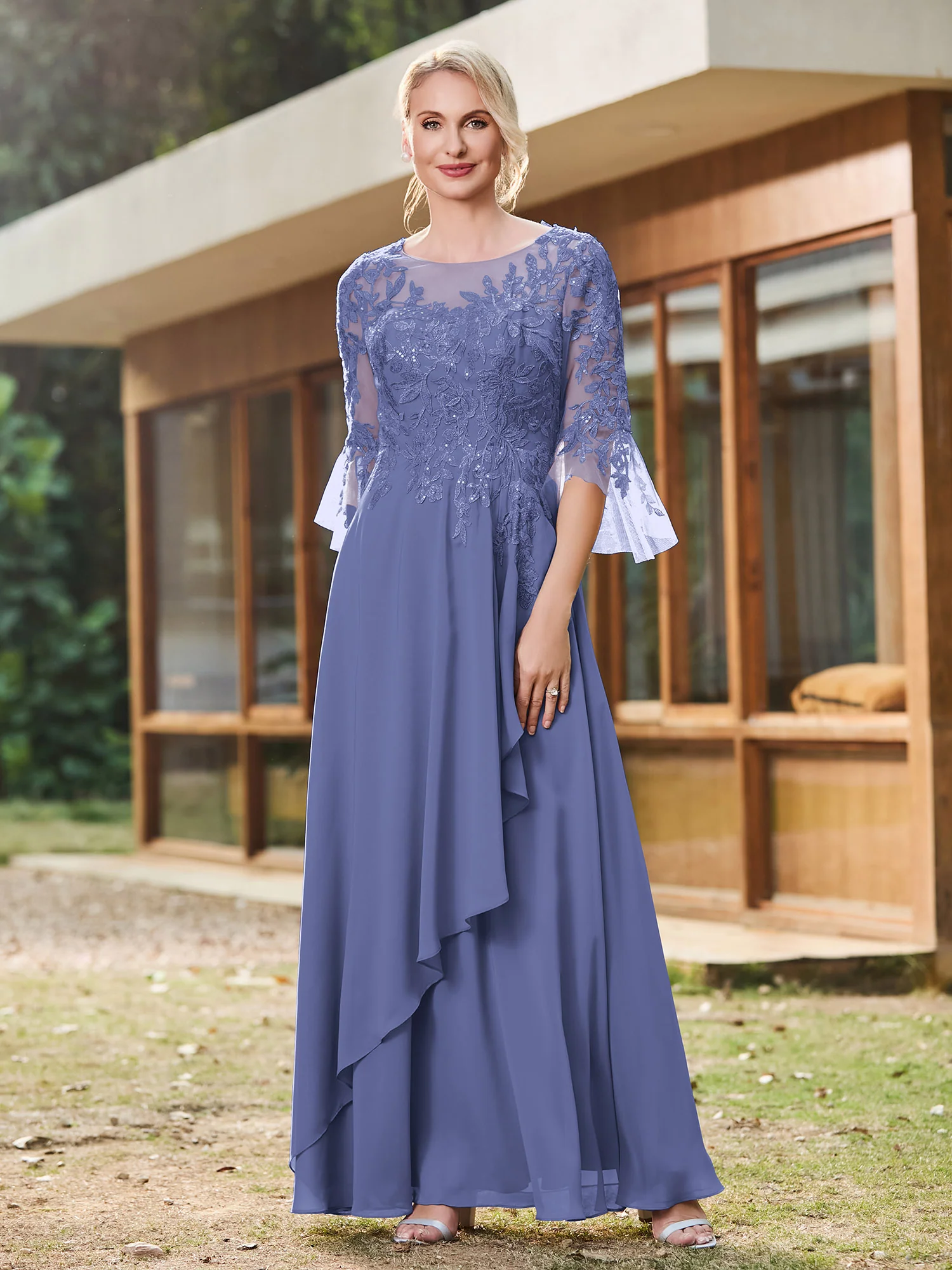 Illusion Half Sleeve Lace Applique Chiffon Dress Periwinkle