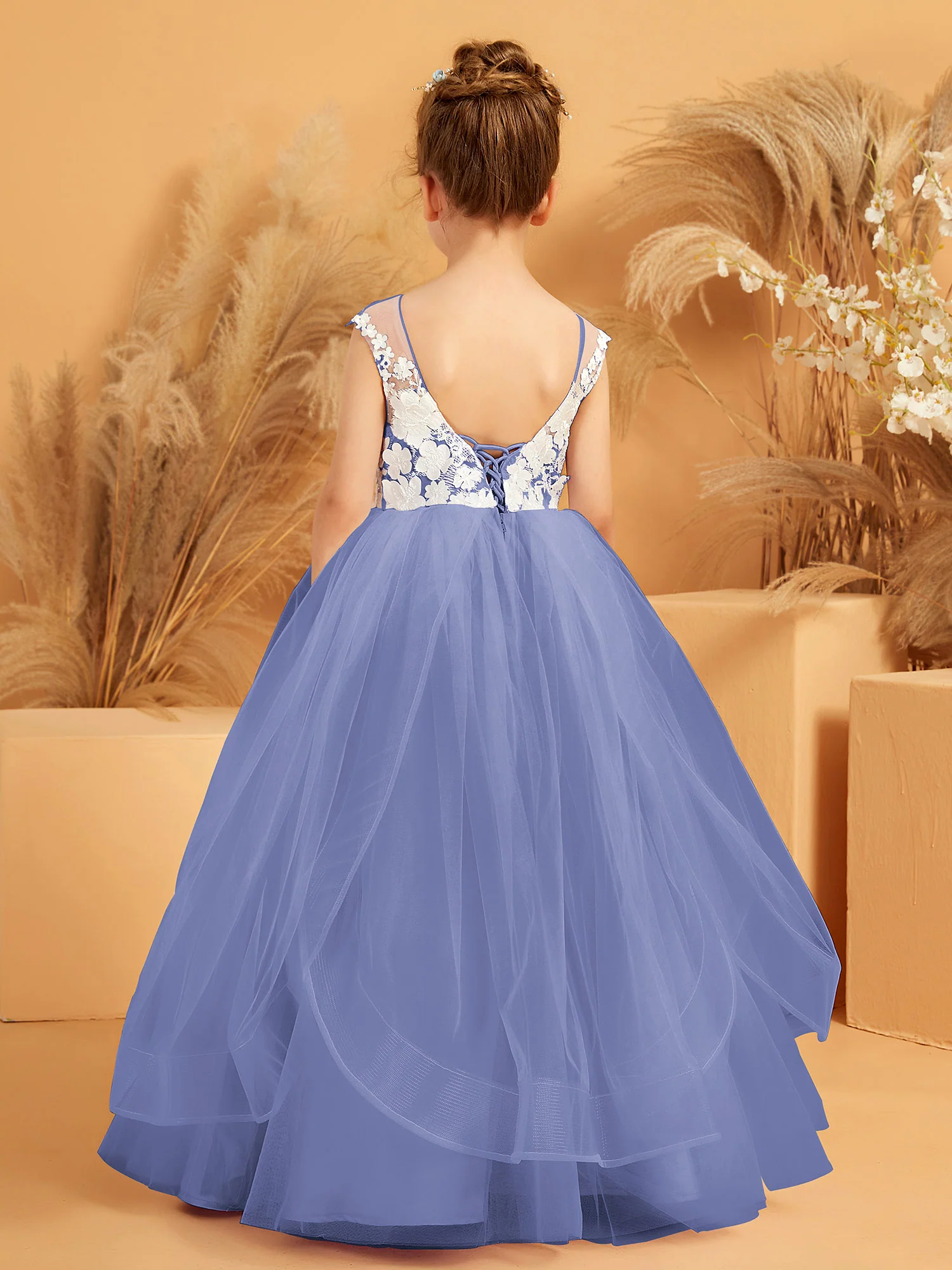 Illusion Lace Applique Tulle Flower Girl Ball Gown Periwinkle - Image 2