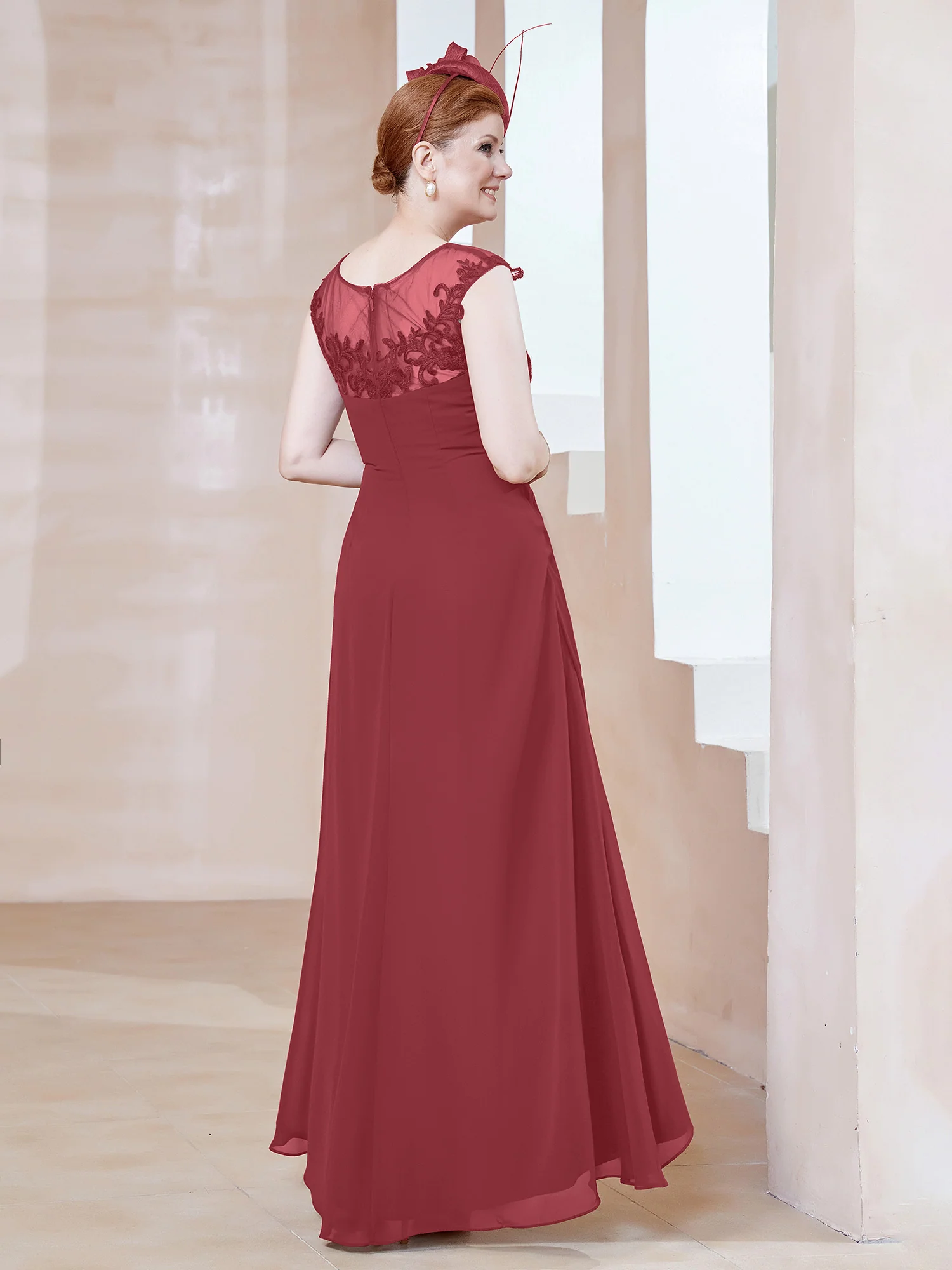 Illusion Lace Neckline Asymmetrical A-Line Dress Cinnamon Rose - Image 2