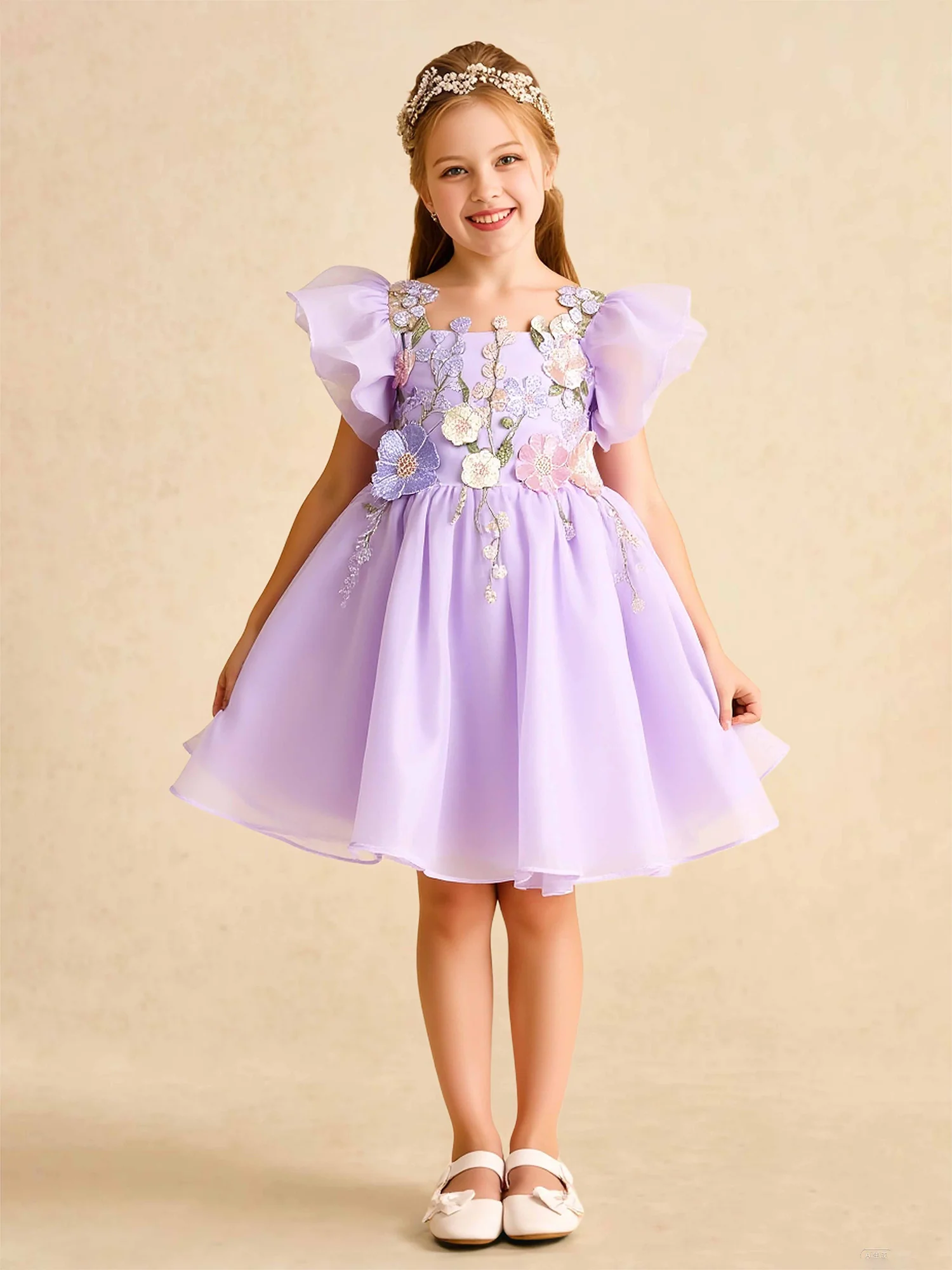 Illusion Neck Applique Knee-Length Flower Girl Dress Lilac