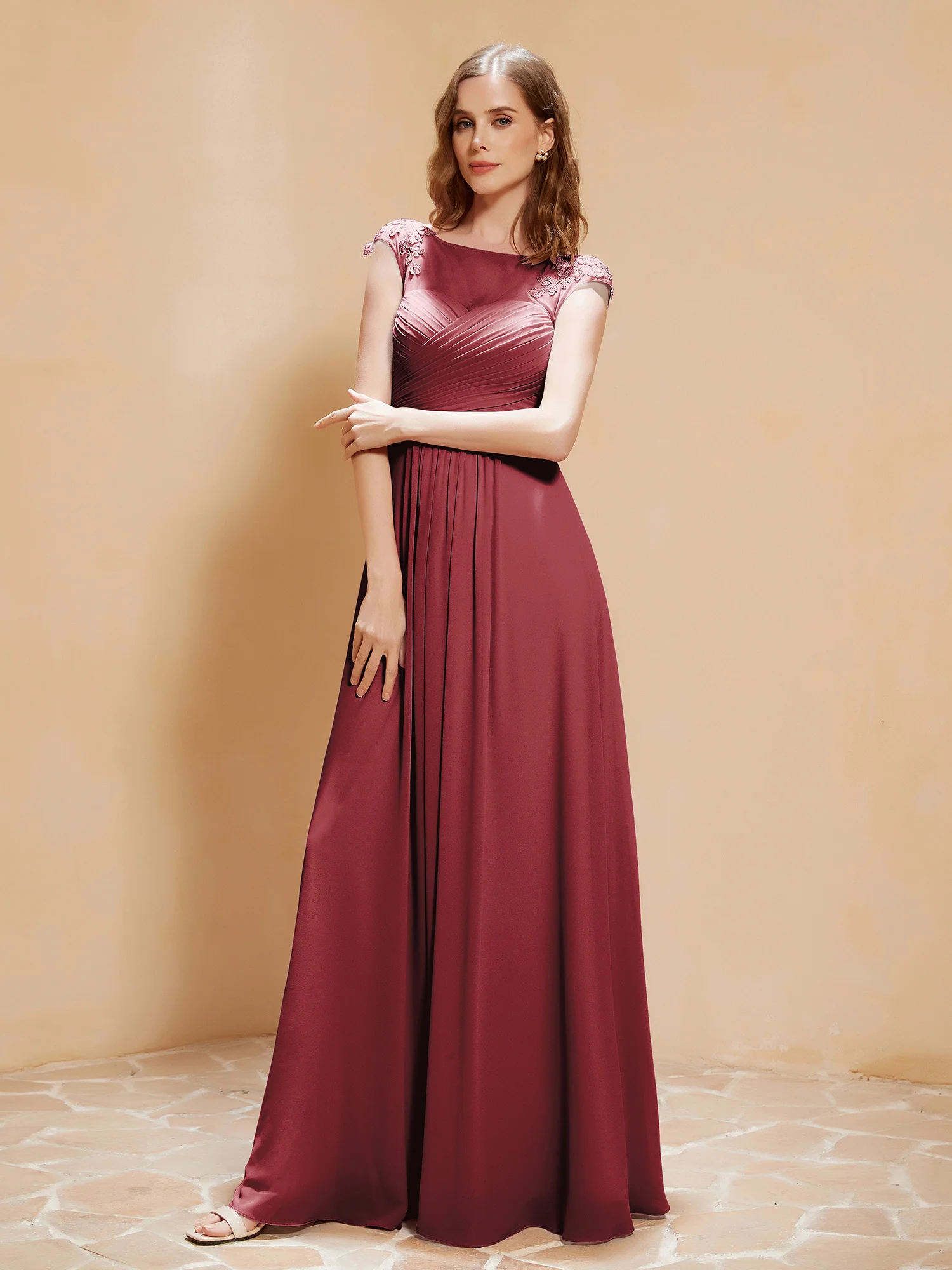 Illusion Neck Cap Sleeve Chiffon Lace Dress Cinnamon Rose Plus size