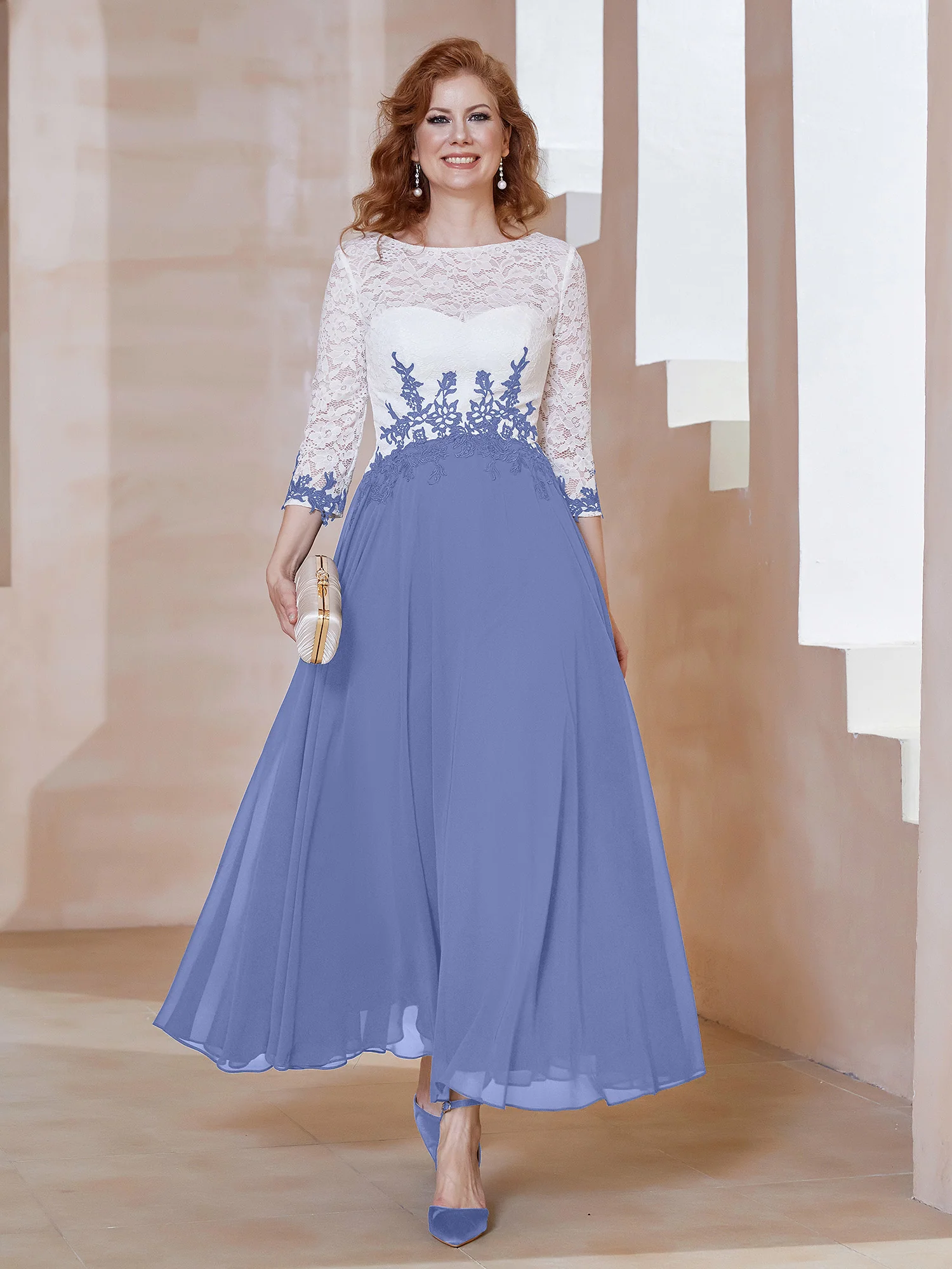 Illusion Neckline Applique Long Sleeves Dress Periwinkle
