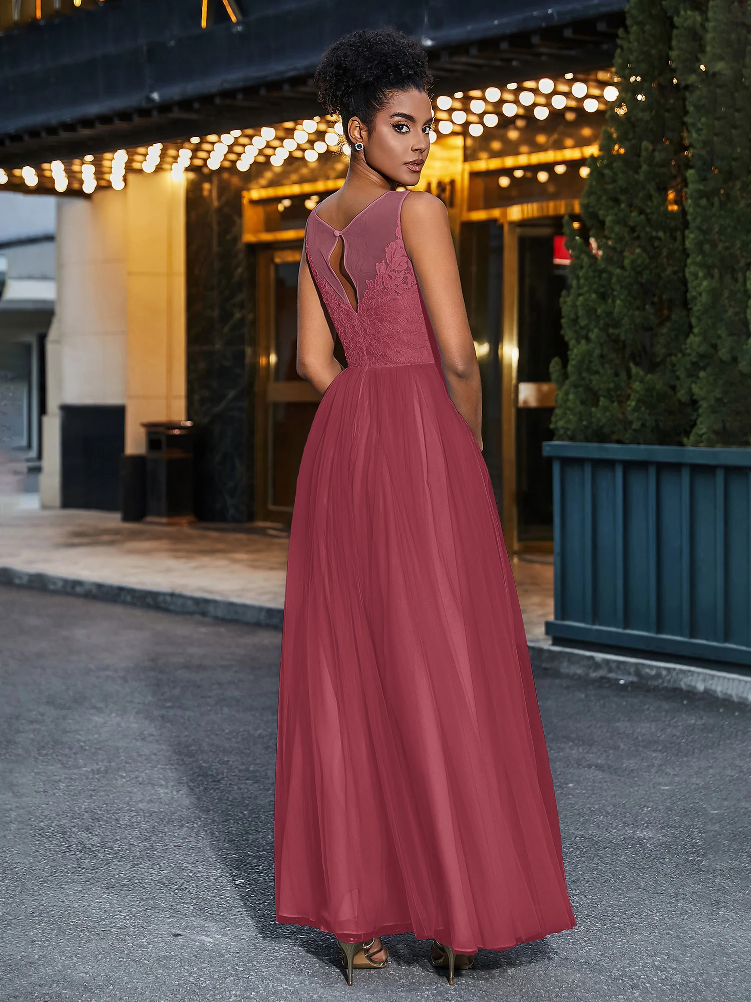 Illusion Neckline Lace and Tulle Maxi Dress-Cinnamon Rose - Image 2