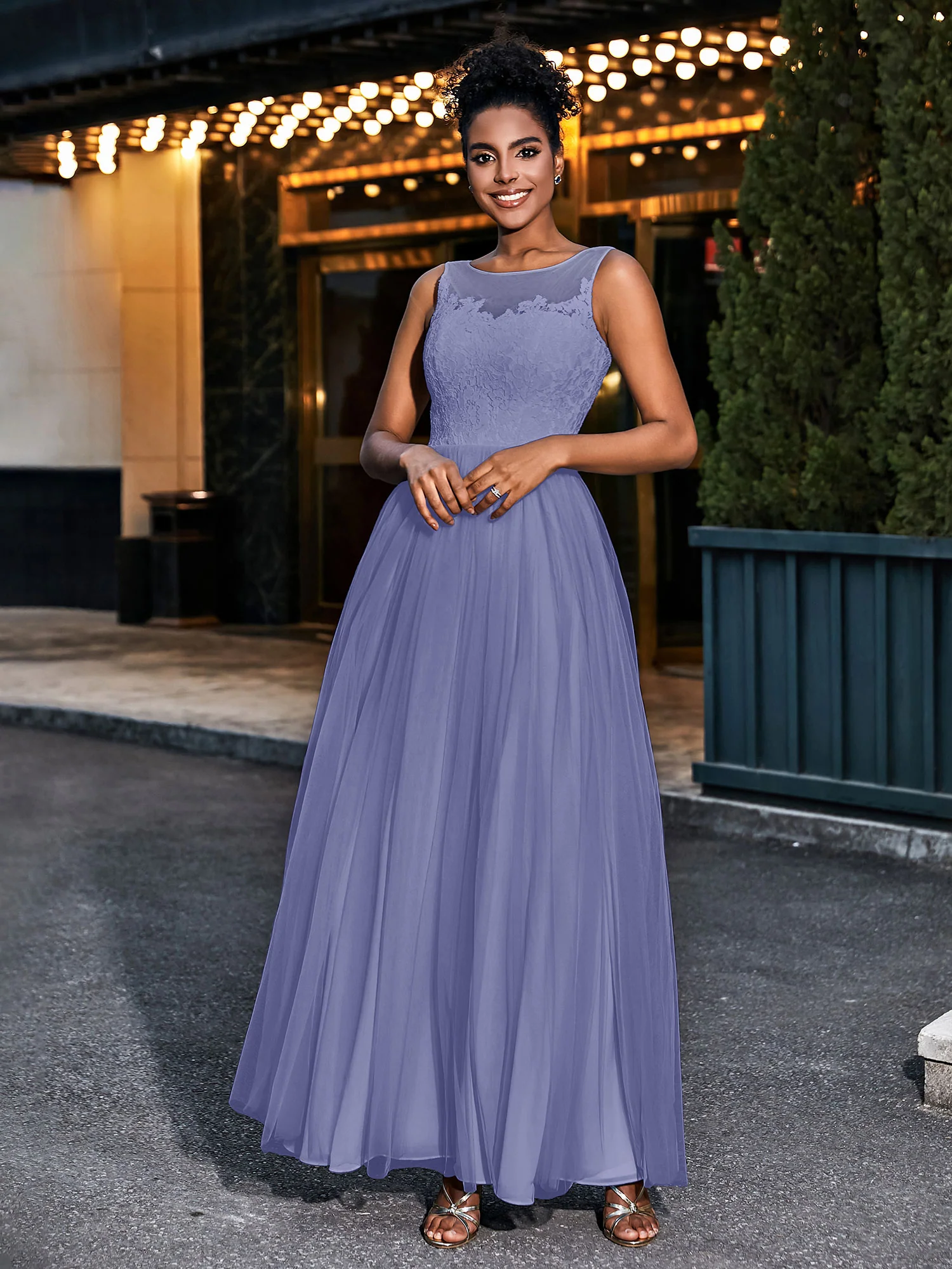 Illusion Neckline Lace and Tulle Maxi Dress-Periwinkle