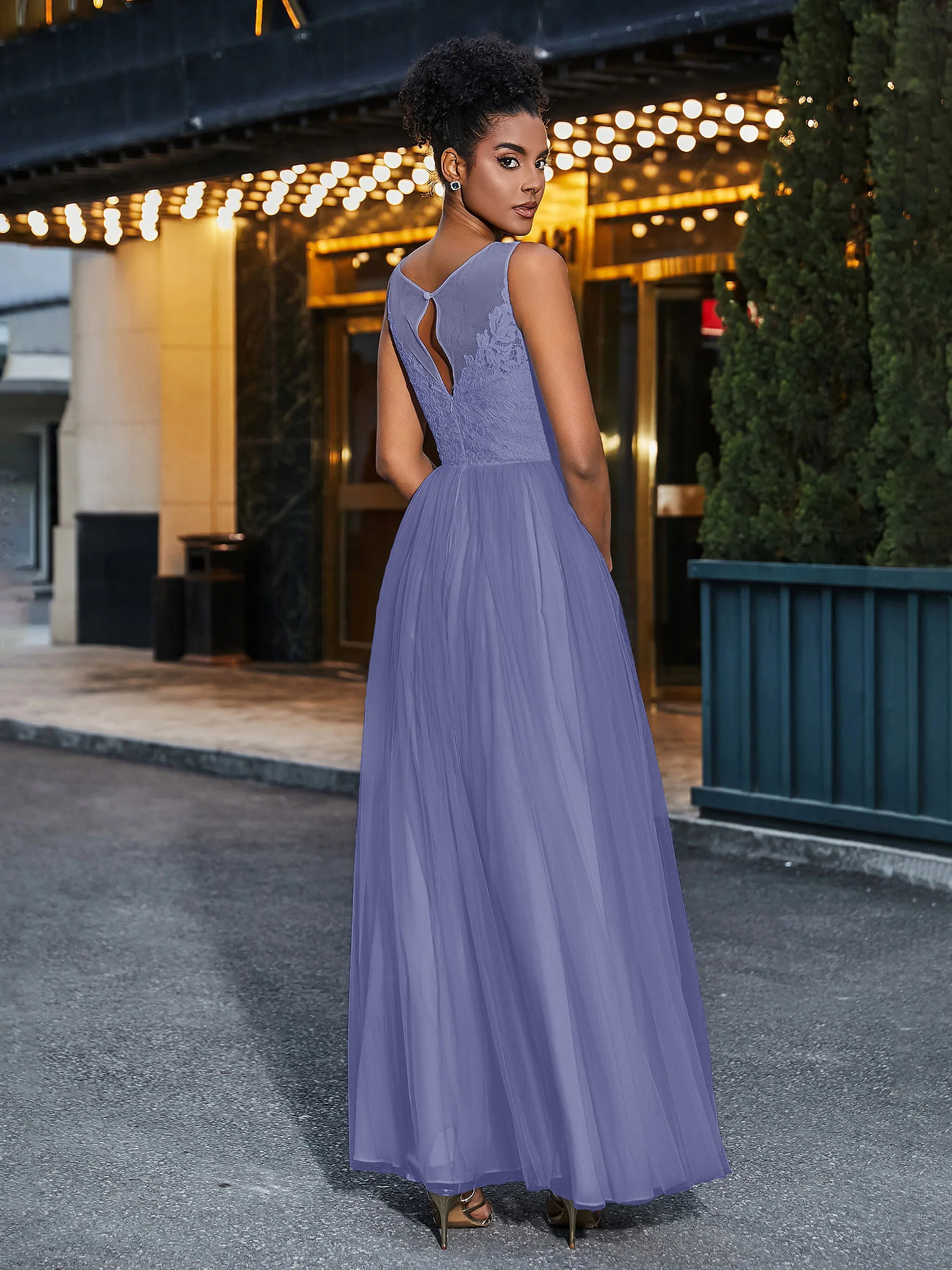 Illusion Neckline Lace and Tulle Maxi Dress-Periwinkle - Image 2