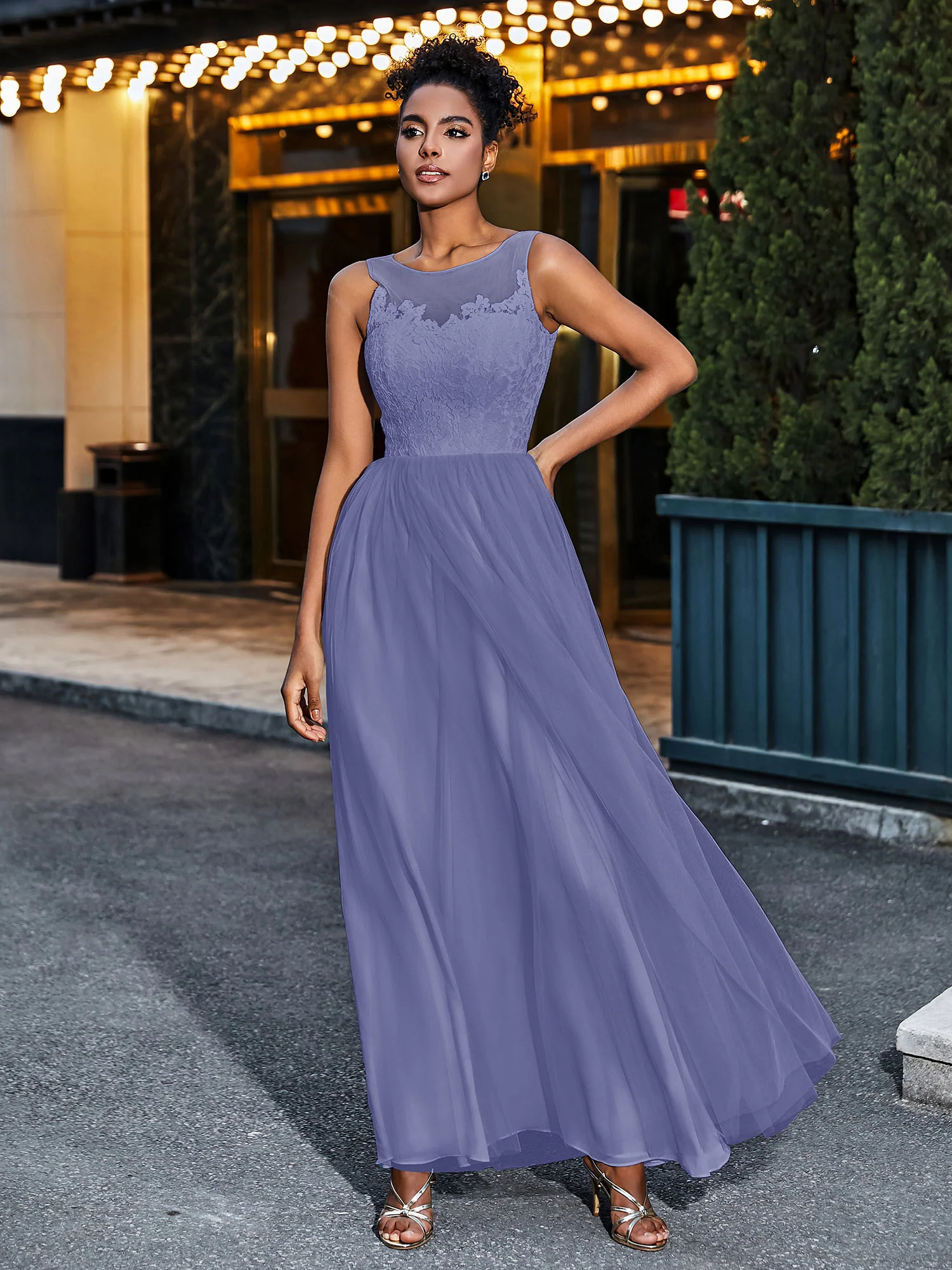 Illusion Neckline Lace and Tulle Maxi Dress-Periwinkle - Image 3