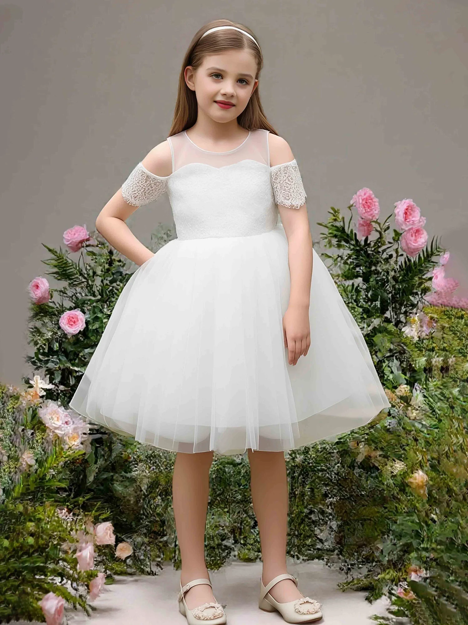 Illusion Neck Cold Shoulder Lace Tulle Flower Girl Dress Ivory