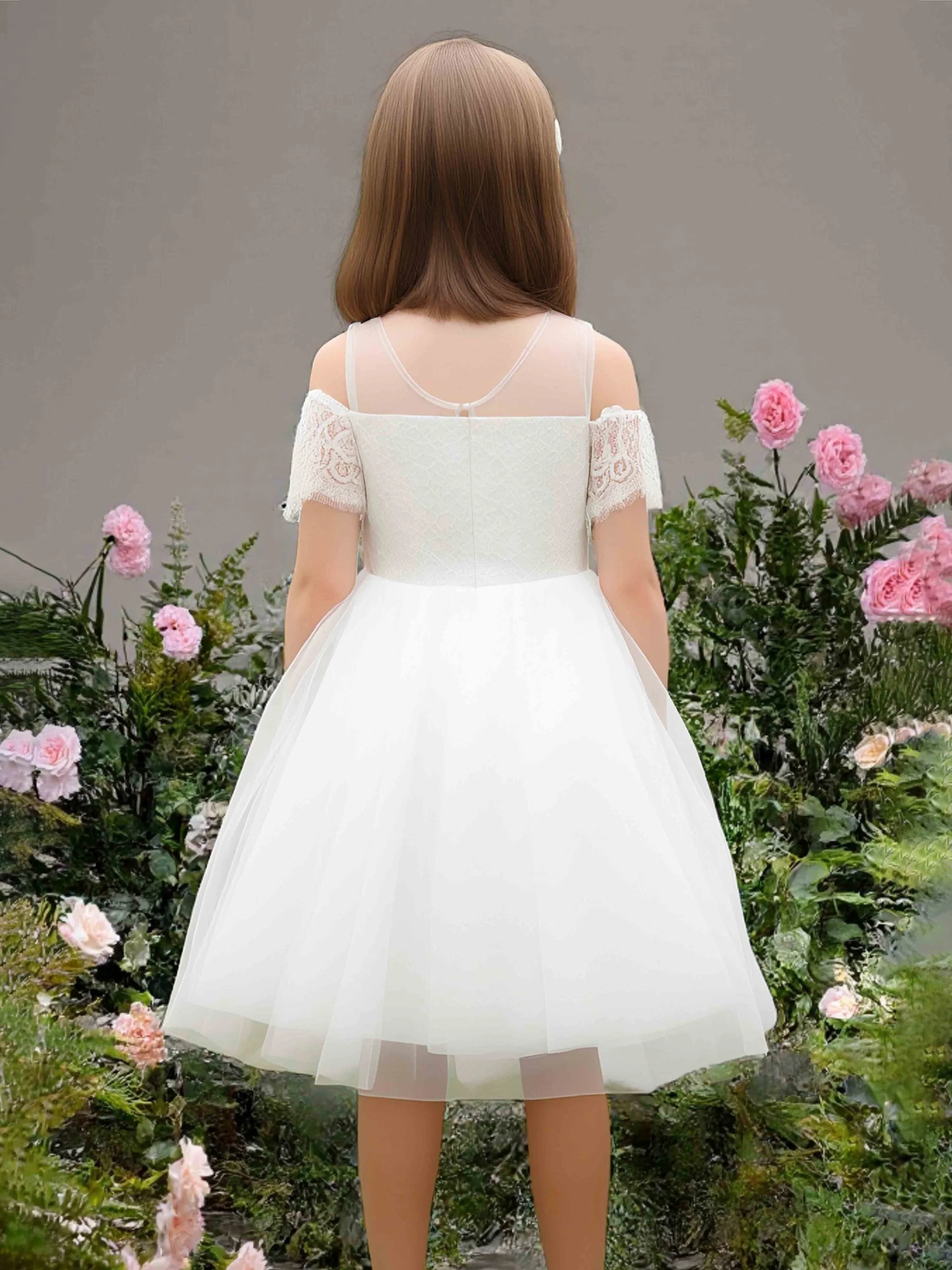 Illusion Neck Cold Shoulder Lace Tulle Flower Girl Dress Ivory - Image 2