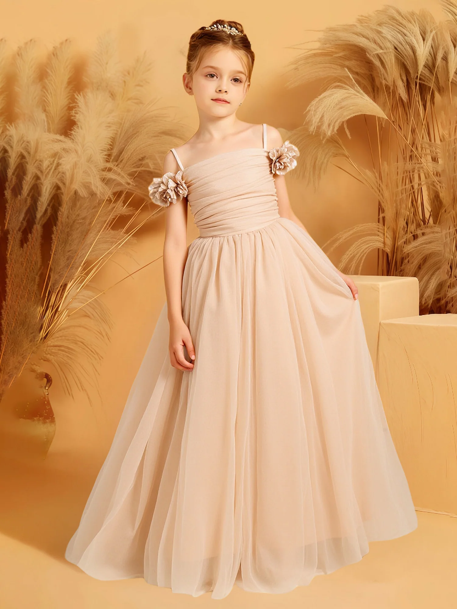 Off-Shoulder Floral Strap Ruched Bodice Flower Girl Dress Champagne