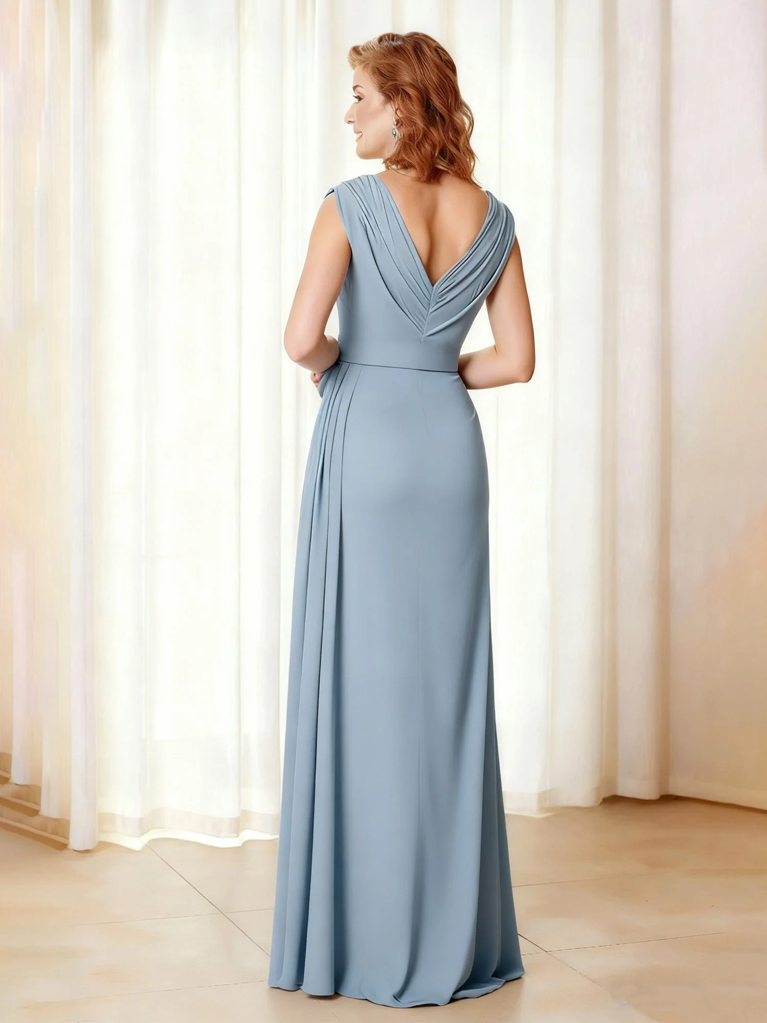 Ruched V-Neck Maxi Gown with High Slit and Cap Sleeves Steel Grey - Image 2