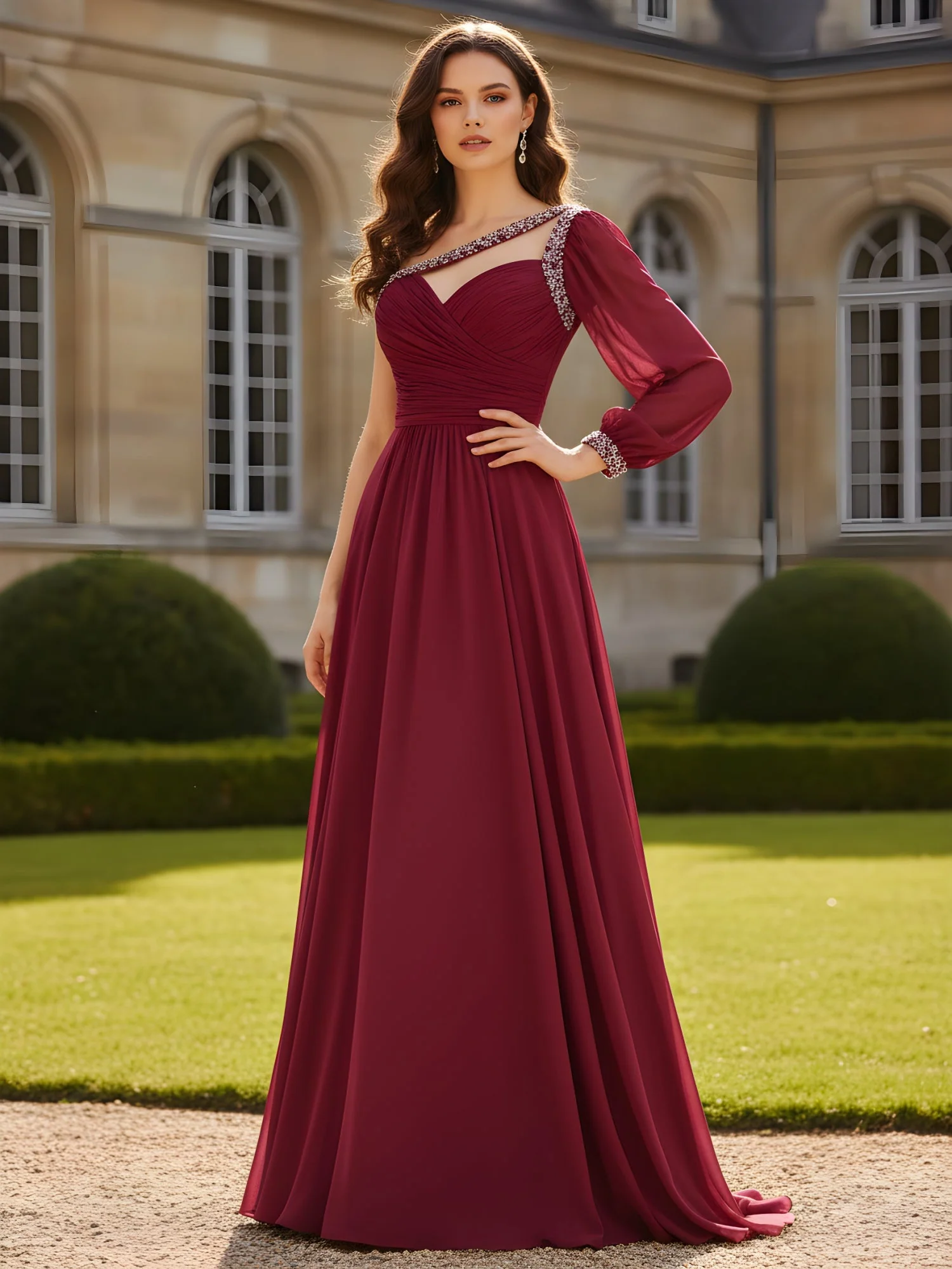 Rhinestone Trim Ruched Bodice A-Line Dress Chocolate