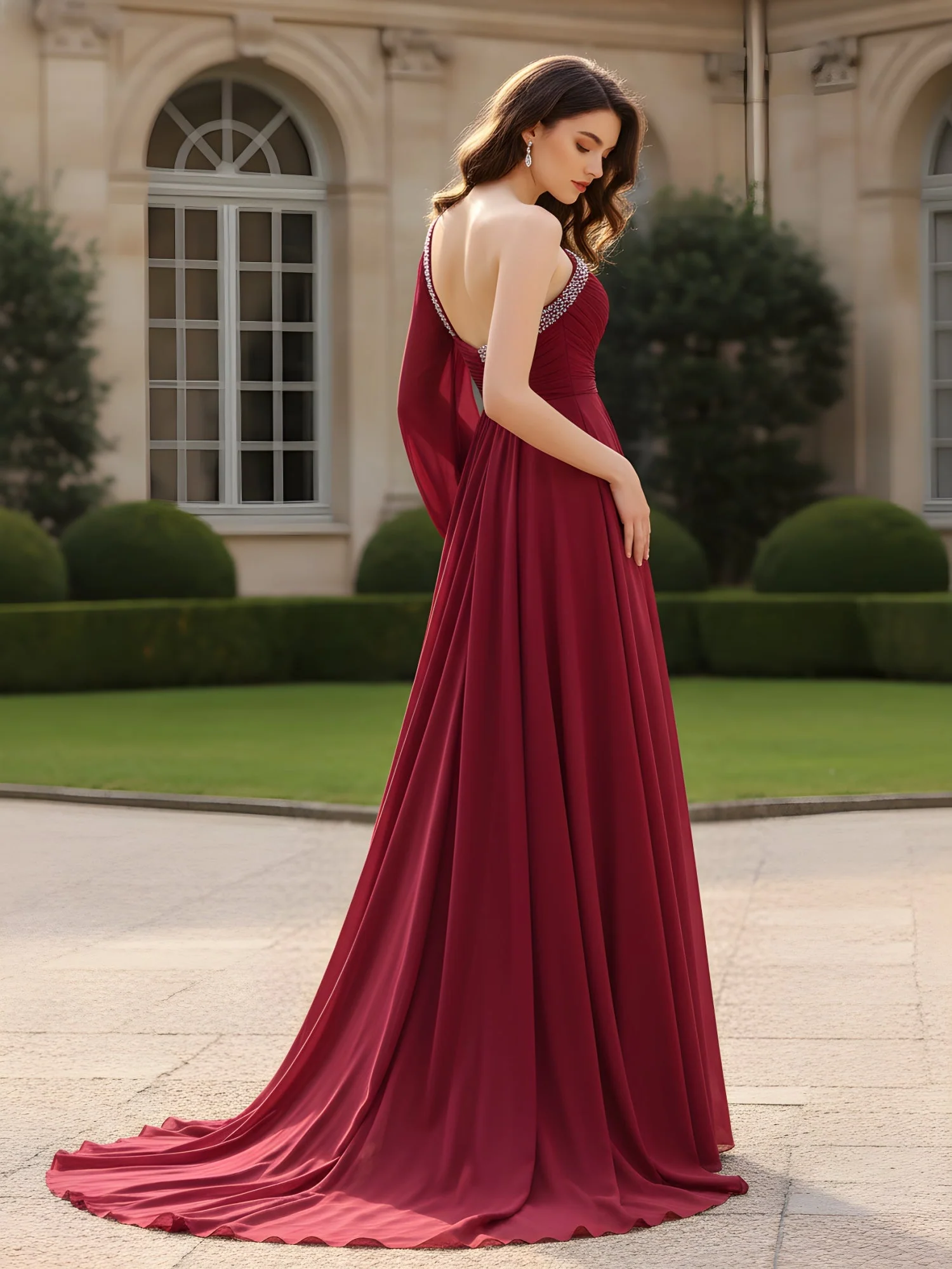 Rhinestone Trim Ruched Bodice A-Line Dress Sage - Image 2