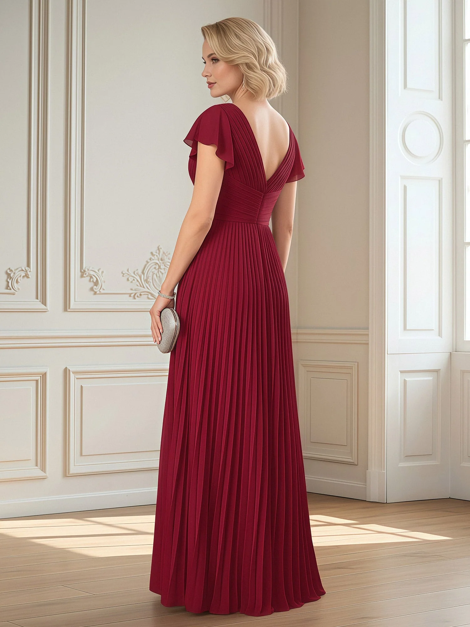 Flutter Sleeve Draped Bodice Formal Gown Ivory - Image 2