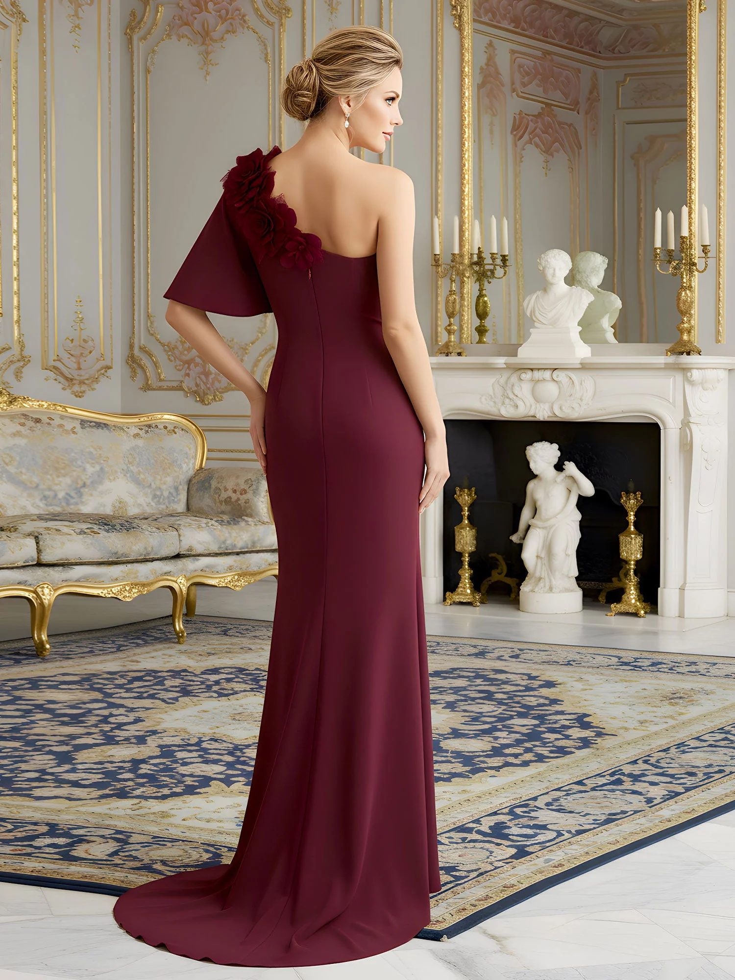 Crepe Fabric Evening Dress featuring Flounced Sleeve Ink Blue - Image 2