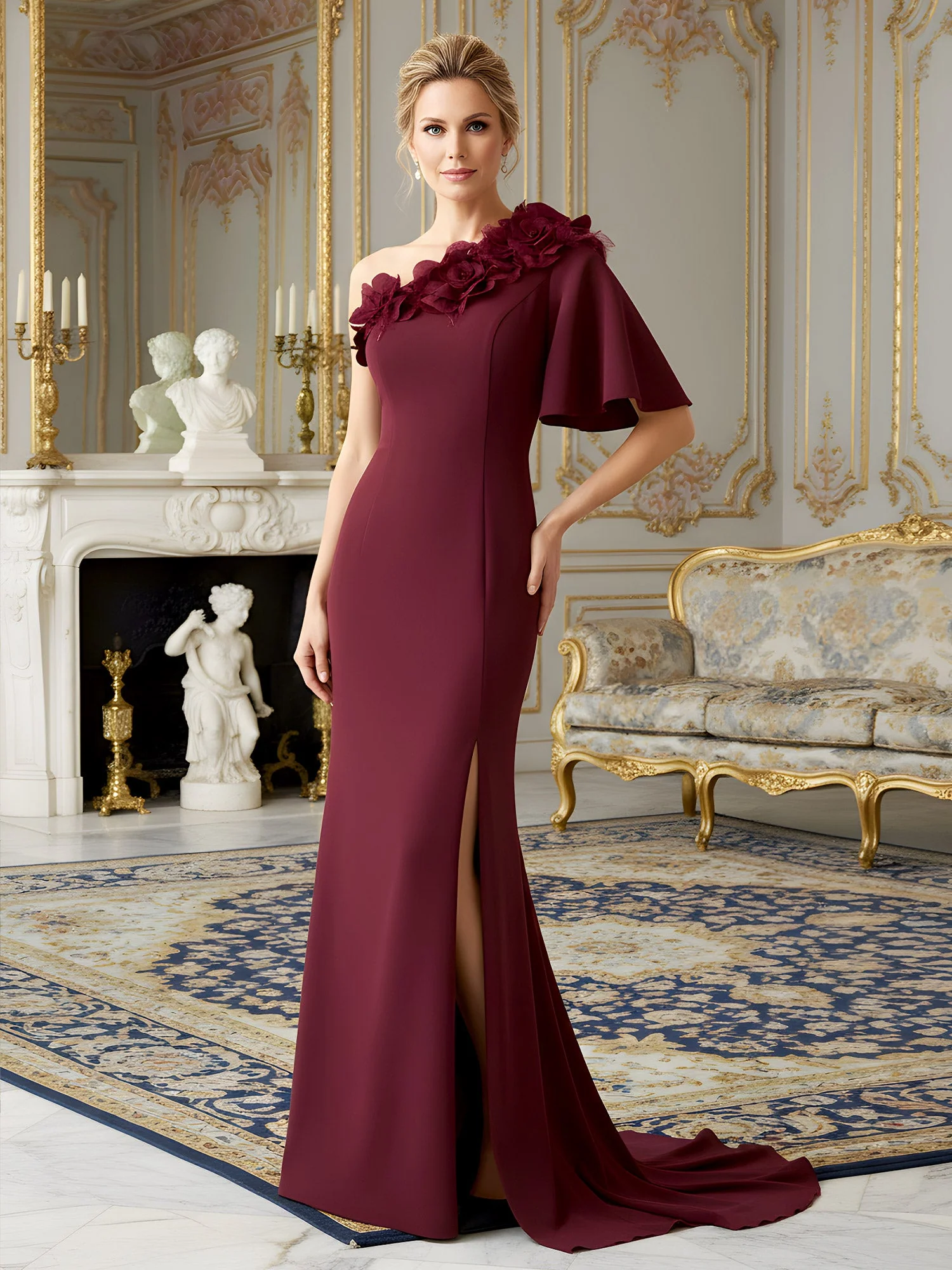 Crepe Fabric Evening Dress featuring Flounced Sleeve Royal Blue