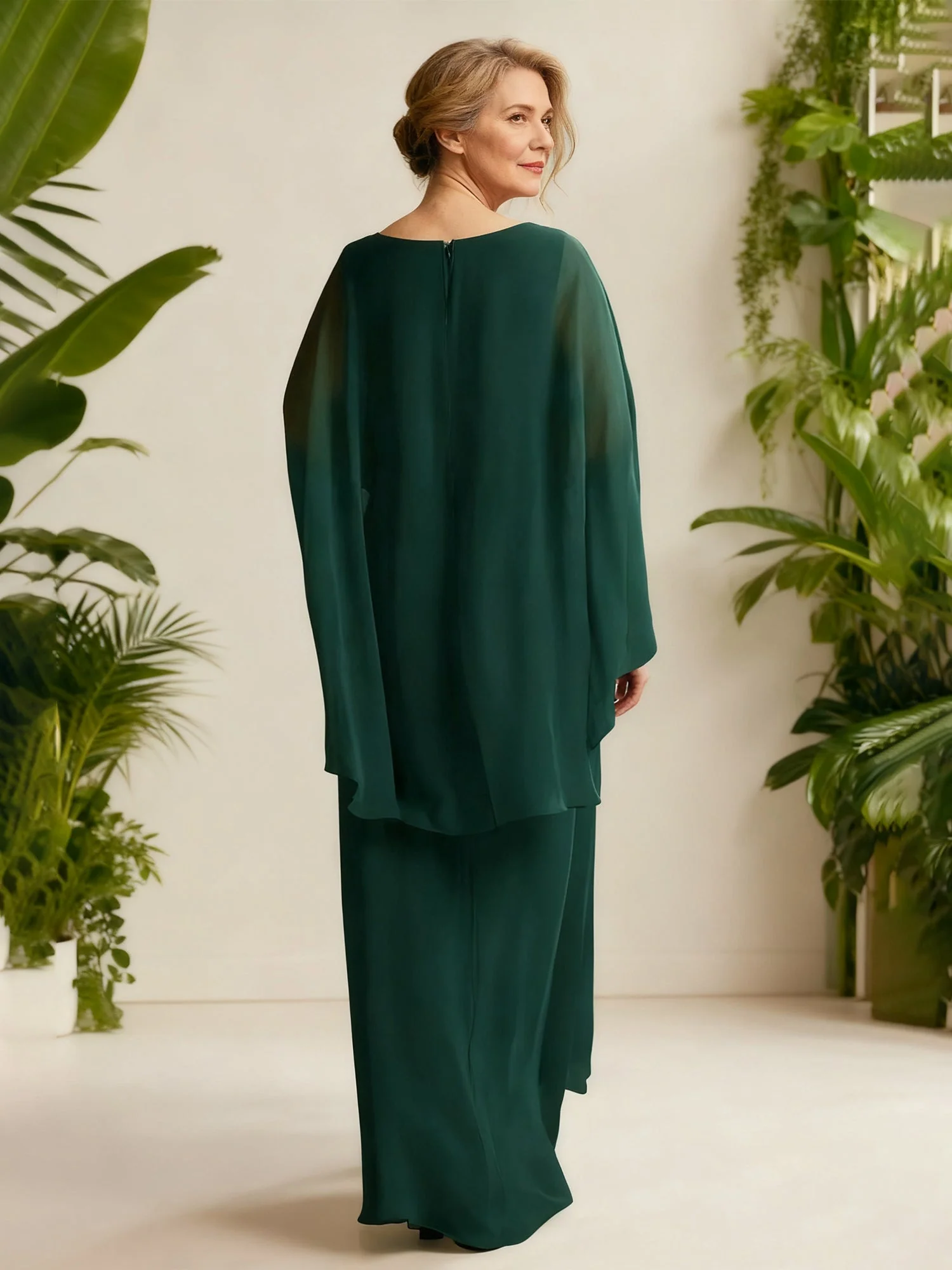Chiffon Drape V-Neck Gown with Flutter Cape Sleeves Champagne - Image 2