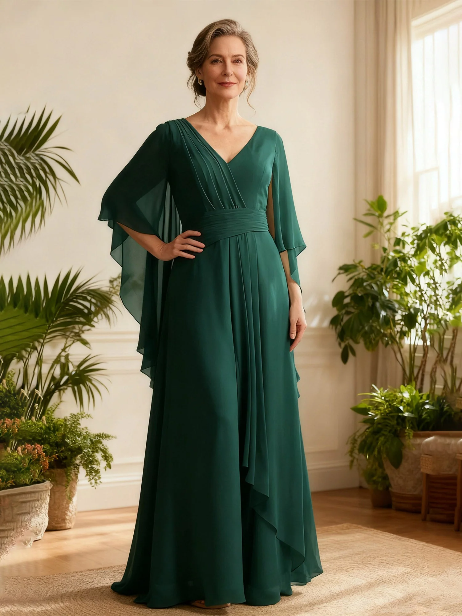 Chiffon Drape V-Neck Gown with Flutter Cape Sleeves Lime Green