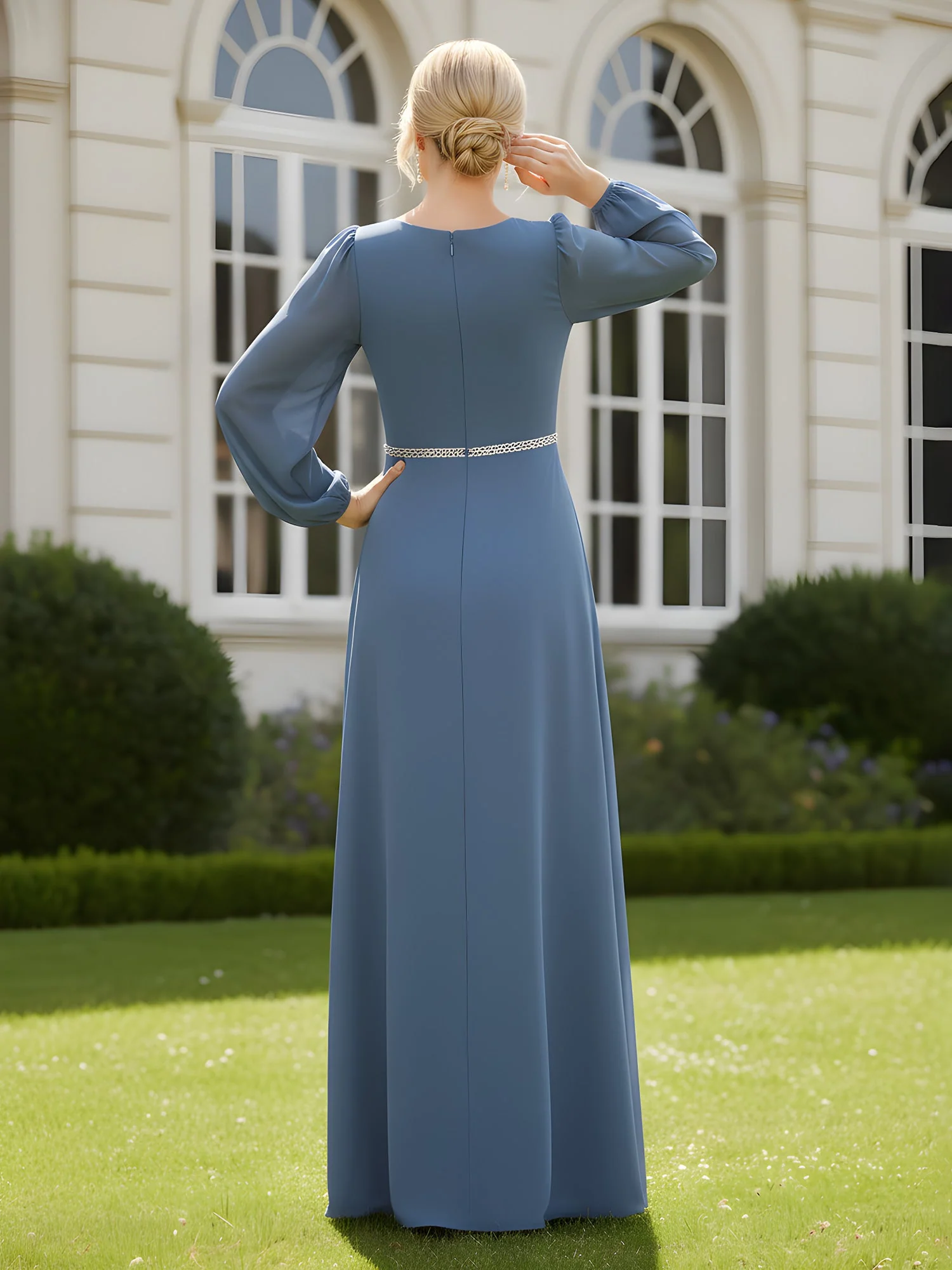 V-Neck Ruched Maxi Dress with Long Sheer Sleeves Tangerine - Image 2