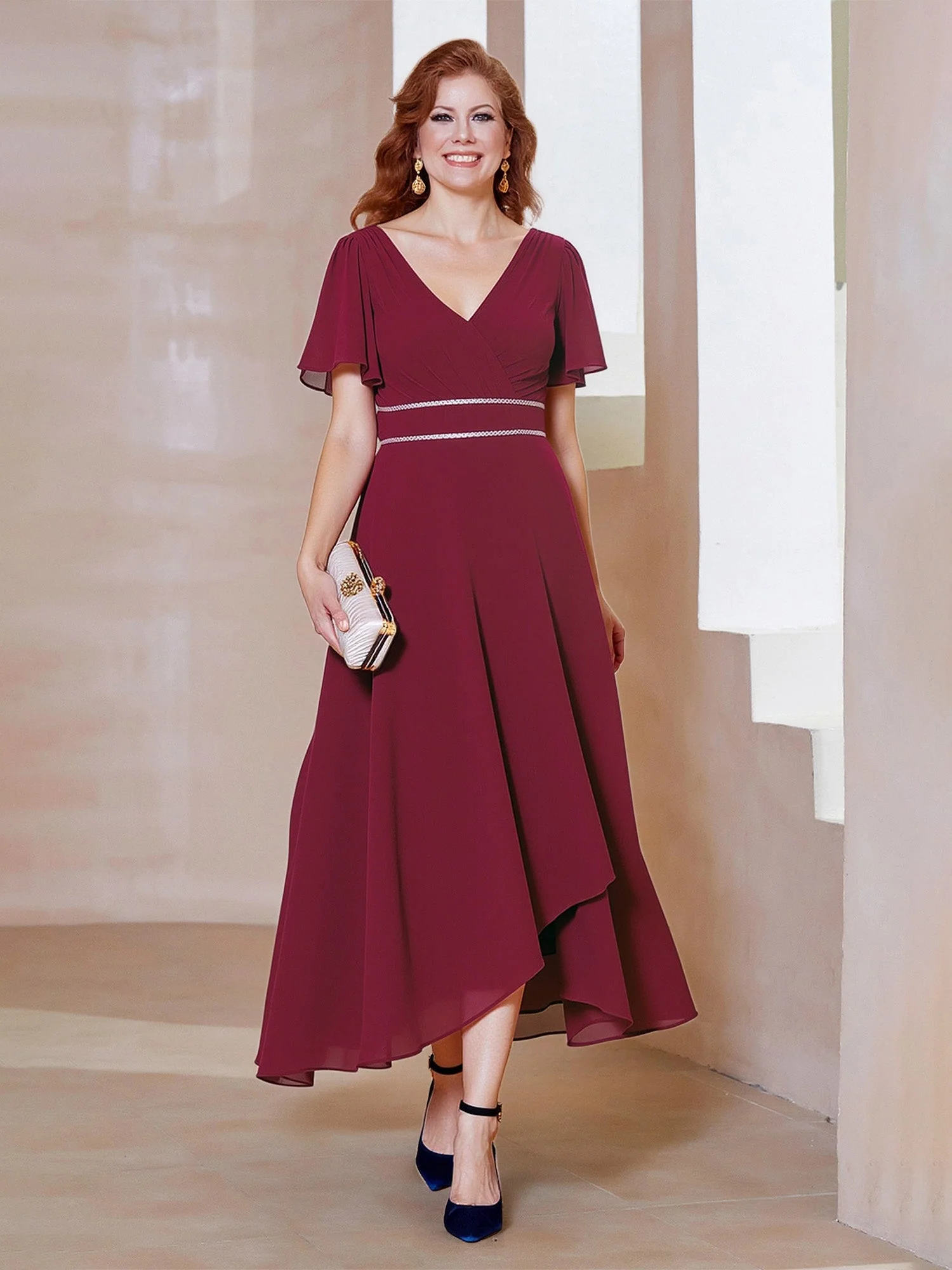 Asymmetrical Hem Cocktail Dress with Beaded Waist Detail Champagne