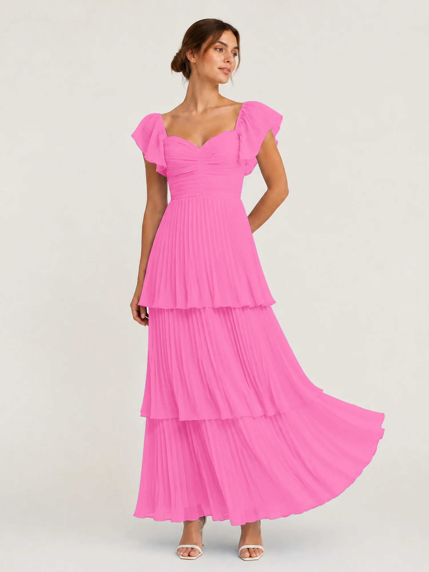 Tiered Pleated Chiffon Maxi Dress with Flutter Sleeves Azalea