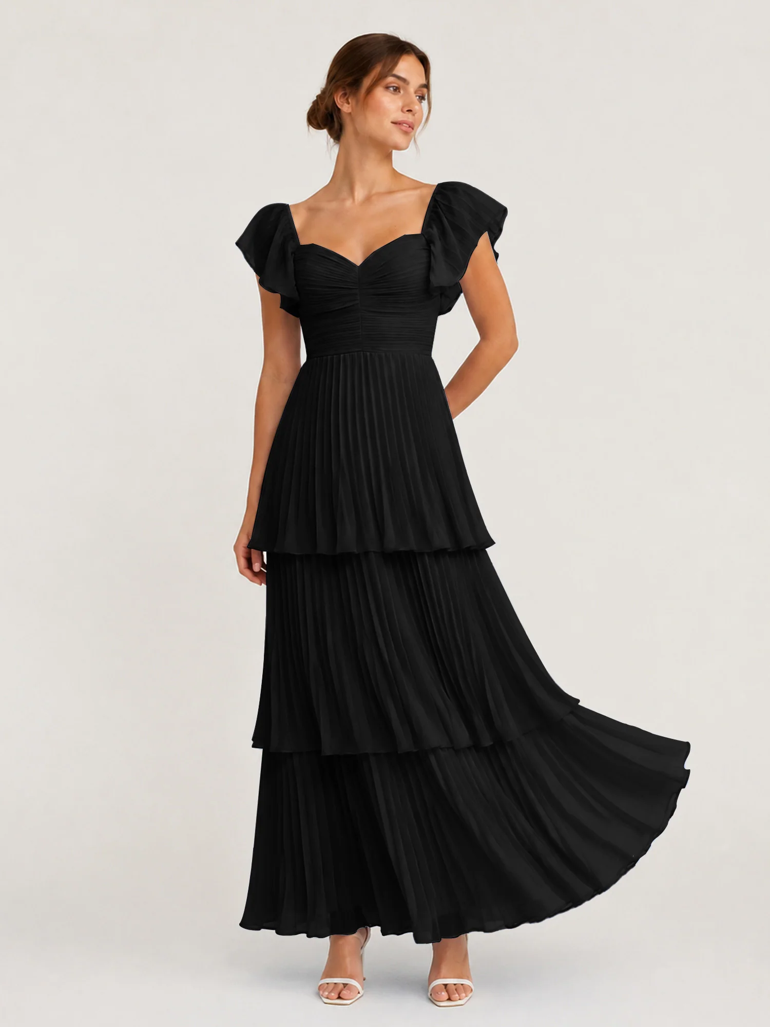 Tiered Pleated Chiffon Maxi Dress with Flutter Sleeves Black