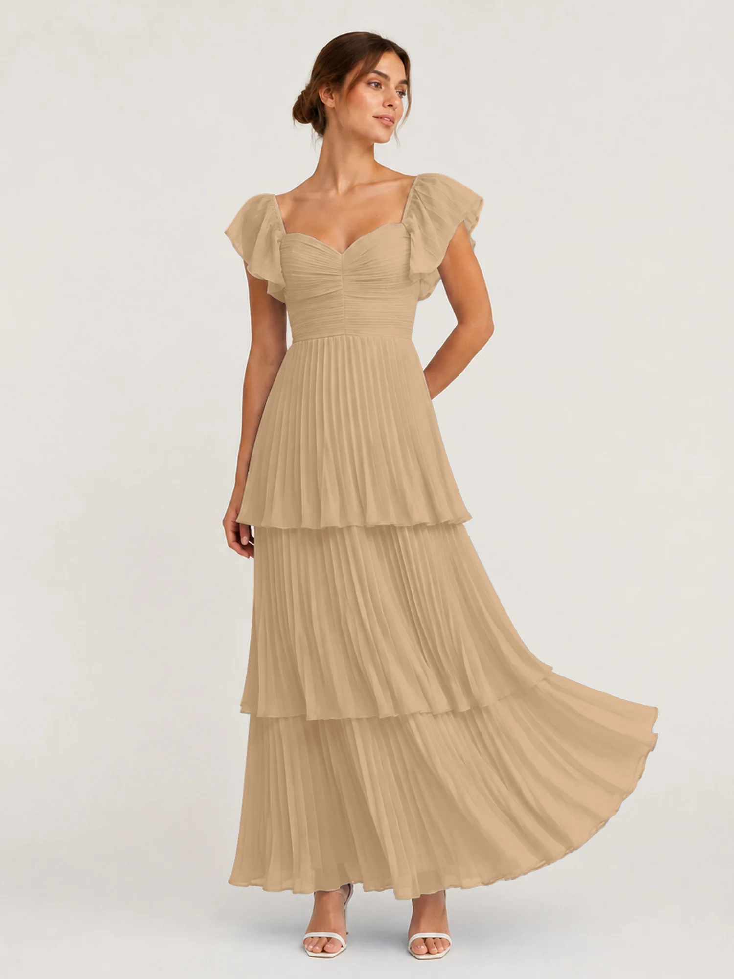 Tiered Pleated Chiffon Maxi Dress with Flutter Sleeves Champagne